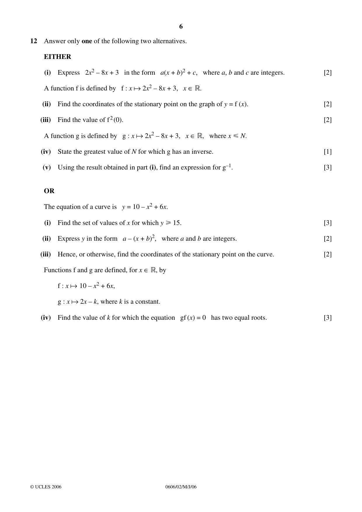 Cambridge IGCSE Mathematics - Additional 0606 2006 May/June Paper 2 · Variant 1 question paper, page 6 of 8