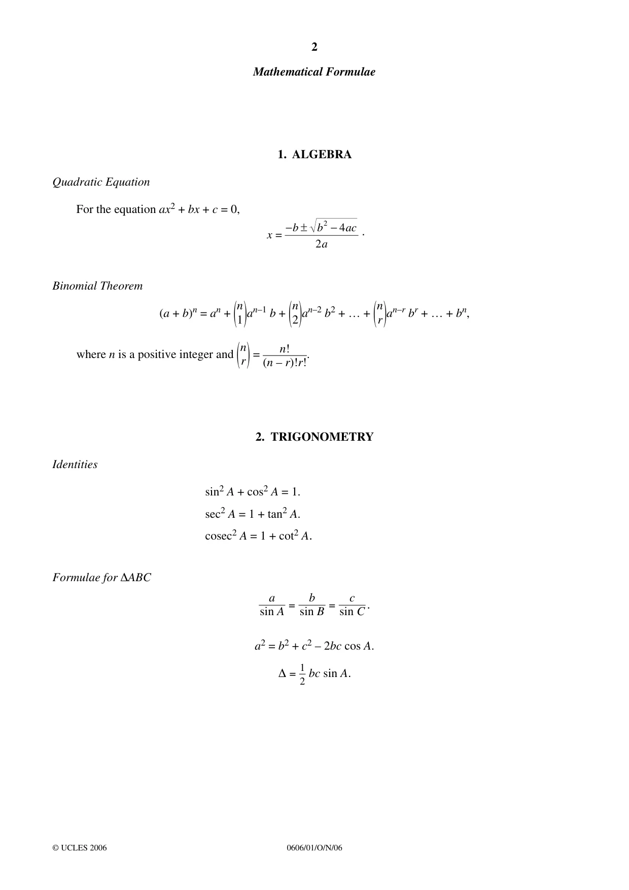 Cambridge IGCSE Mathematics - Additional 0606 2006 Oct/Nov Paper 1 · Variant 1 question paper, page 2 of 8