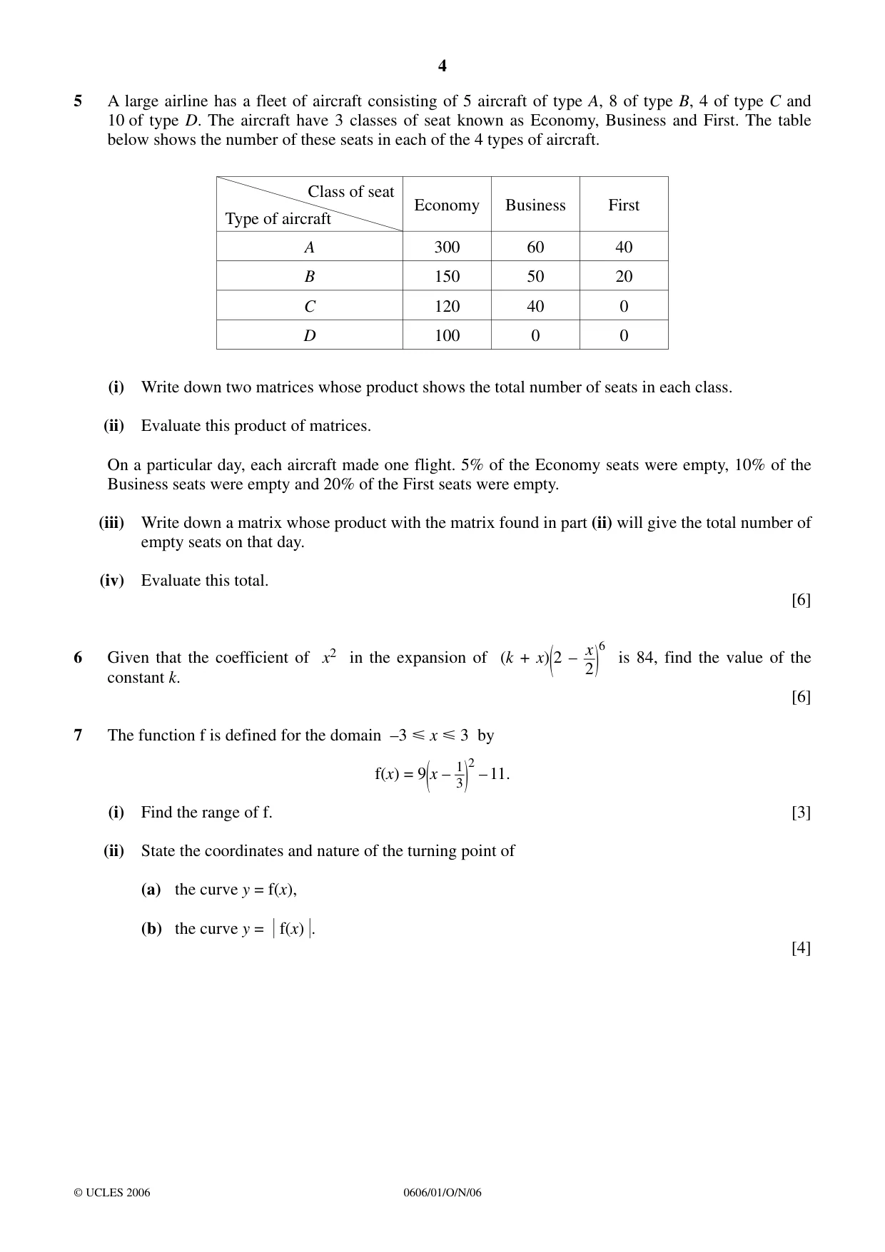 Cambridge IGCSE Mathematics - Additional 0606 2006 Oct/Nov Paper 1 · Variant 1 question paper, page 4 of 8