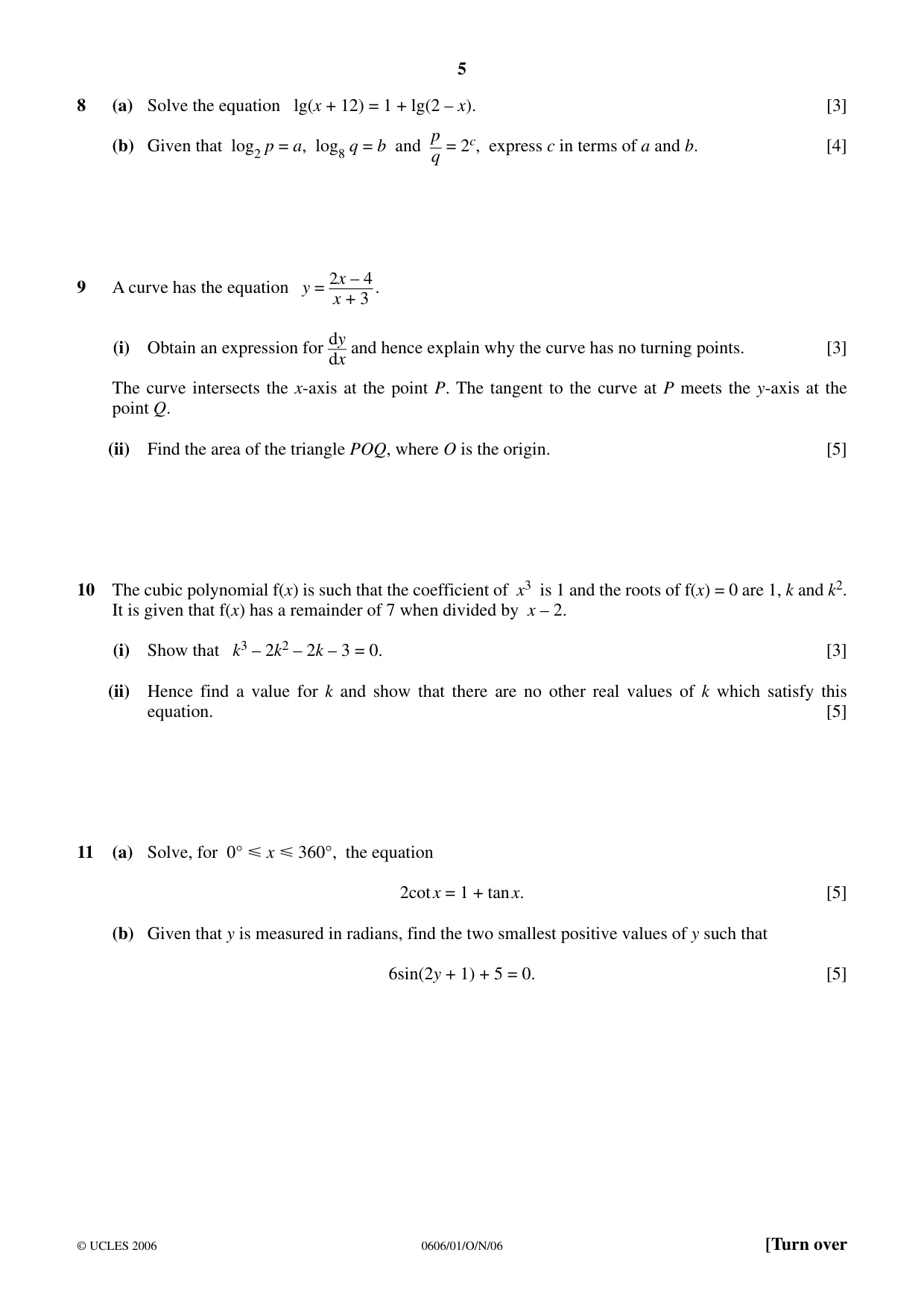Cambridge IGCSE Mathematics - Additional 0606 2006 Oct/Nov Paper 1 · Variant 1 question paper, page 5 of 8