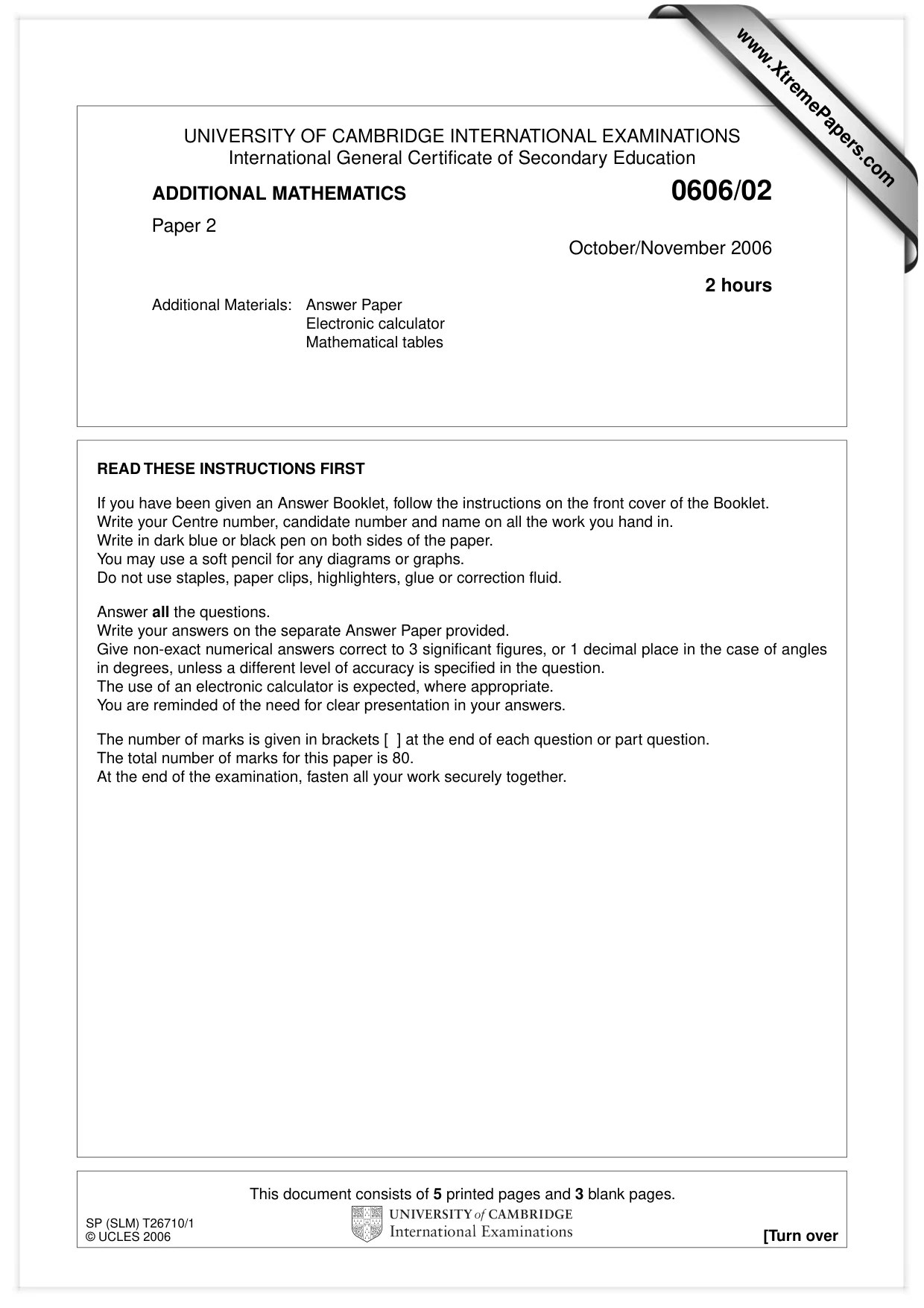 Cambridge IGCSE Mathematics - Additional 0606 2006 Oct/Nov Paper 2 · Variant 1 question paper, page 1 of 8