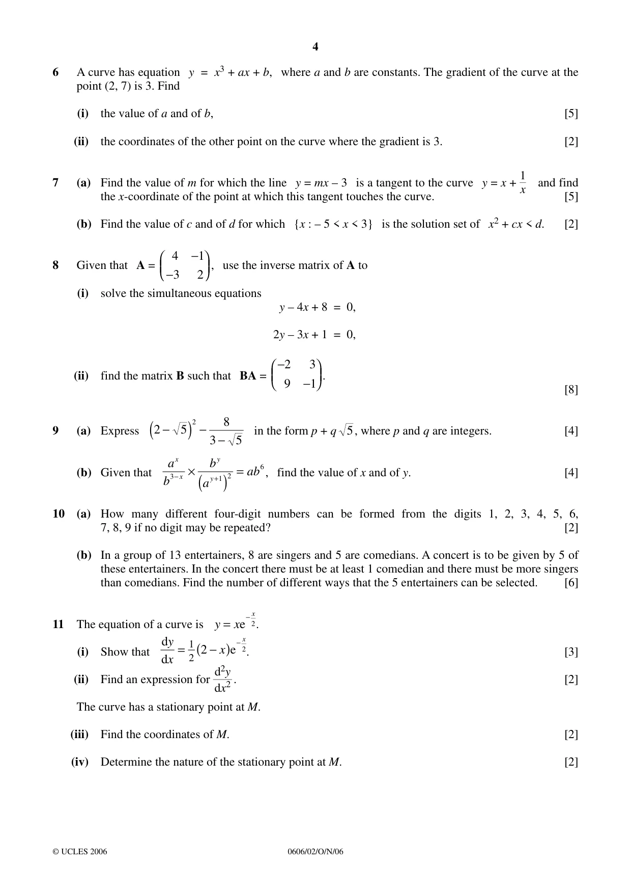 Cambridge IGCSE Mathematics - Additional 0606 2006 Oct/Nov Paper 2 · Variant 1 question paper, page 4 of 8