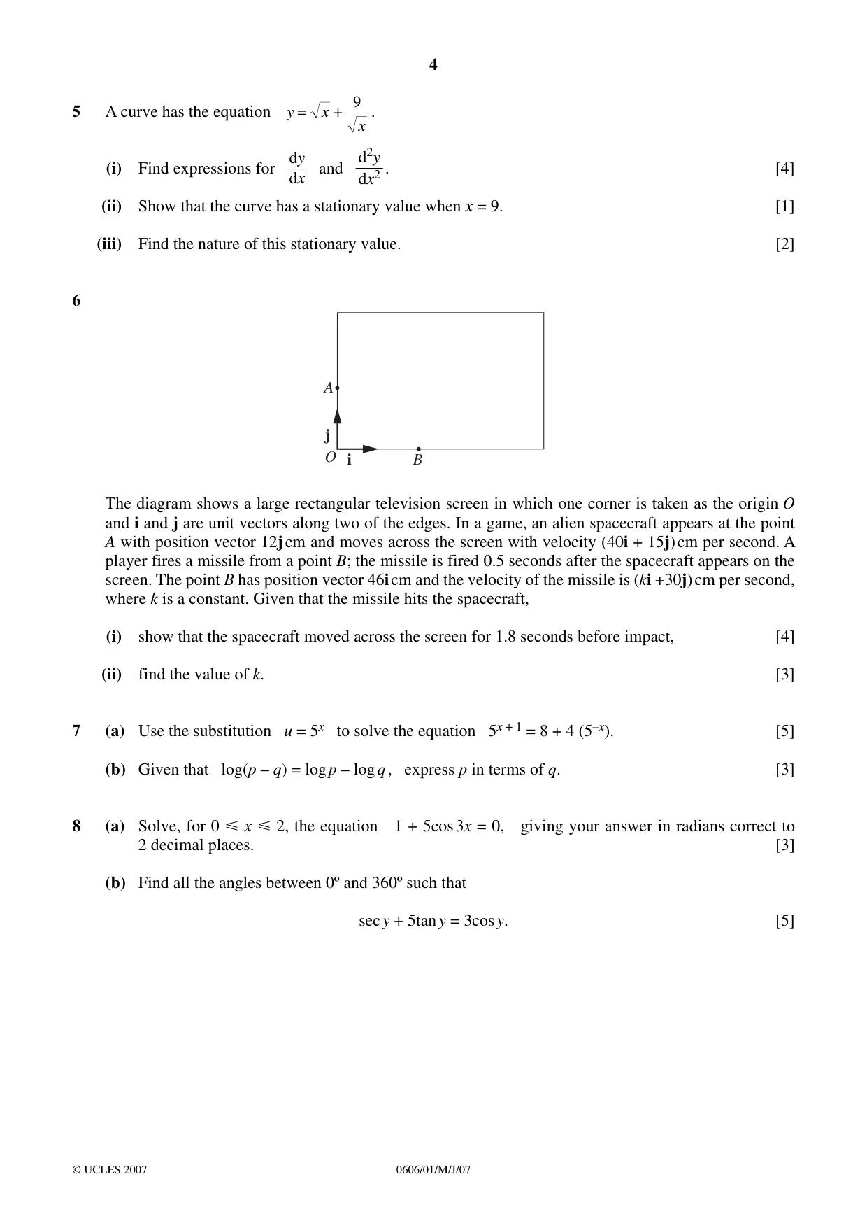 Cambridge IGCSE Mathematics - Additional 0606 2007 May/June Paper 1 · Variant 1 question paper, page 4 of 8