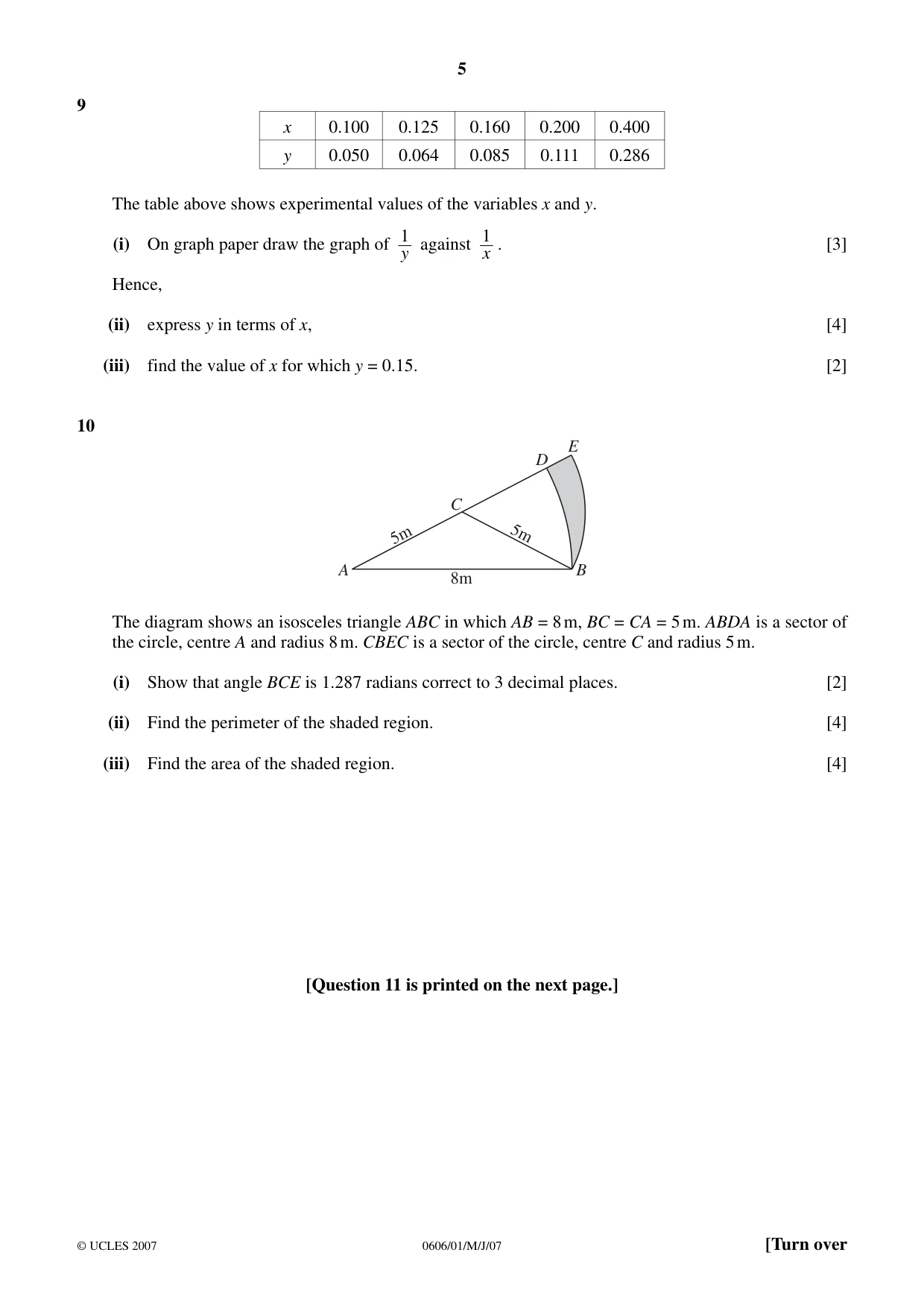 Cambridge IGCSE Mathematics - Additional 0606 2007 May/June Paper 1 · Variant 1 question paper, page 5 of 8