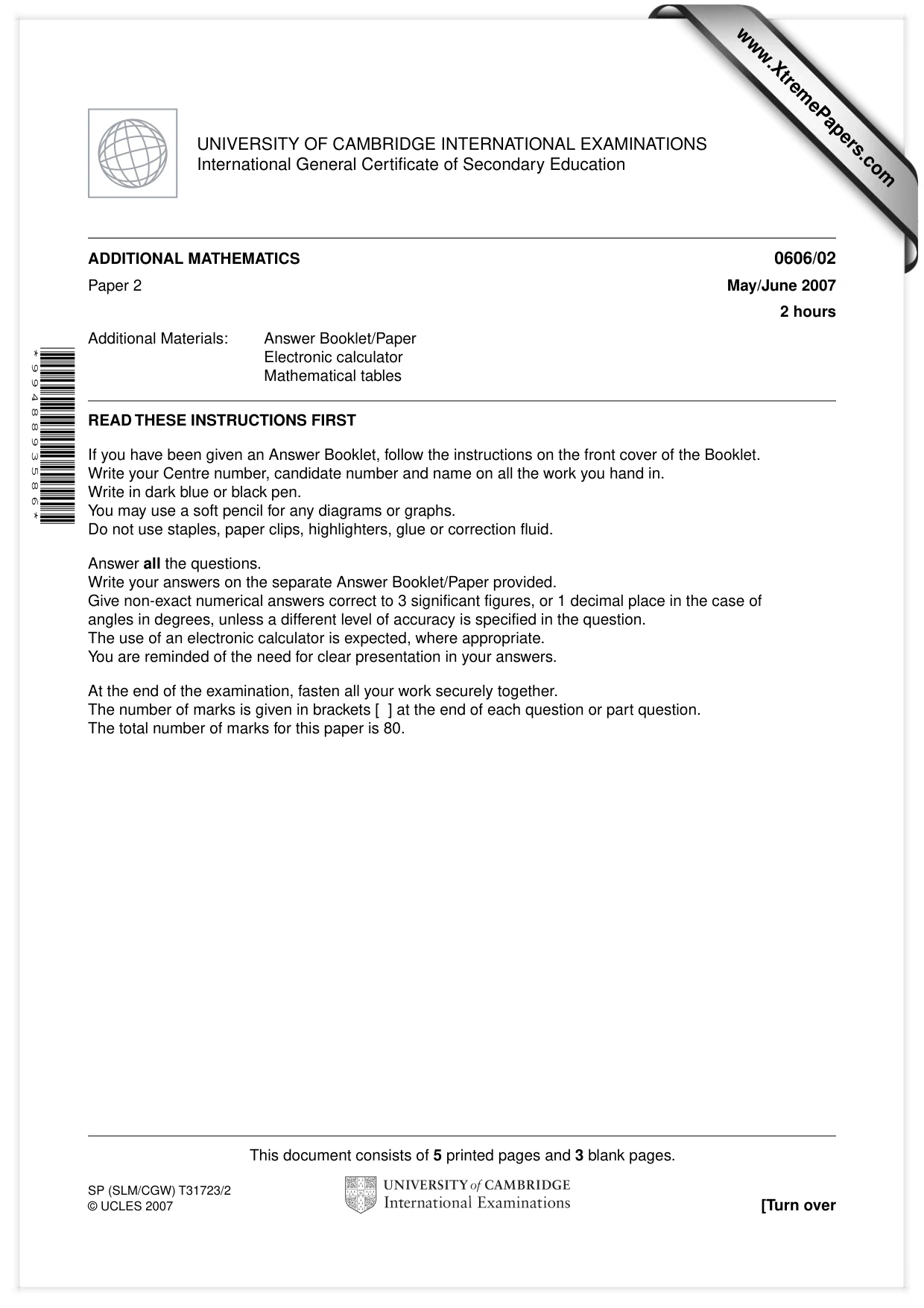 Cambridge IGCSE Mathematics - Additional 0606 2007 May/June Paper 2 · Variant 1 question paper, page 1 of 8