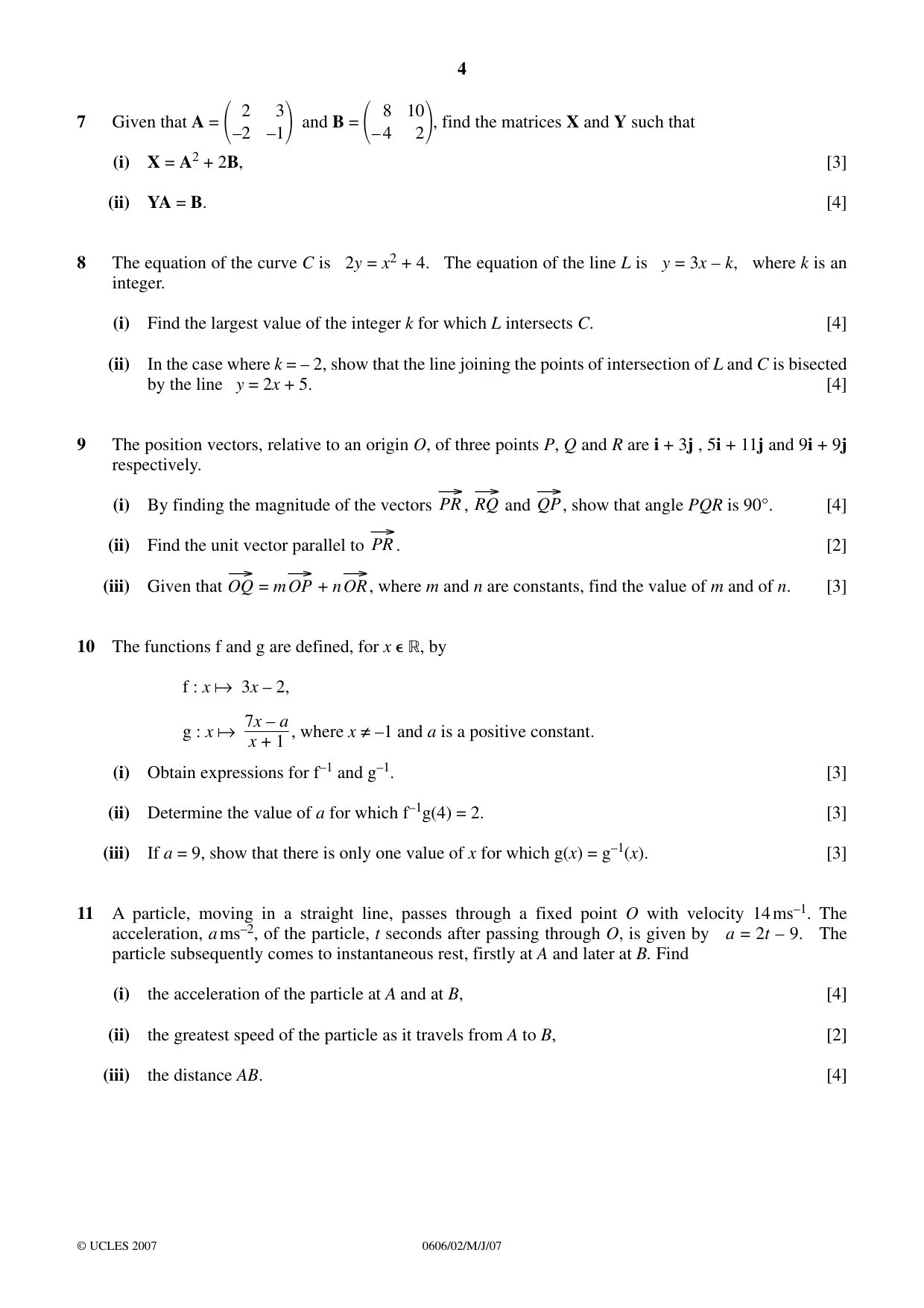 Cambridge IGCSE Mathematics - Additional 0606 2007 May/June Paper 2 · Variant 1 question paper, page 4 of 8
