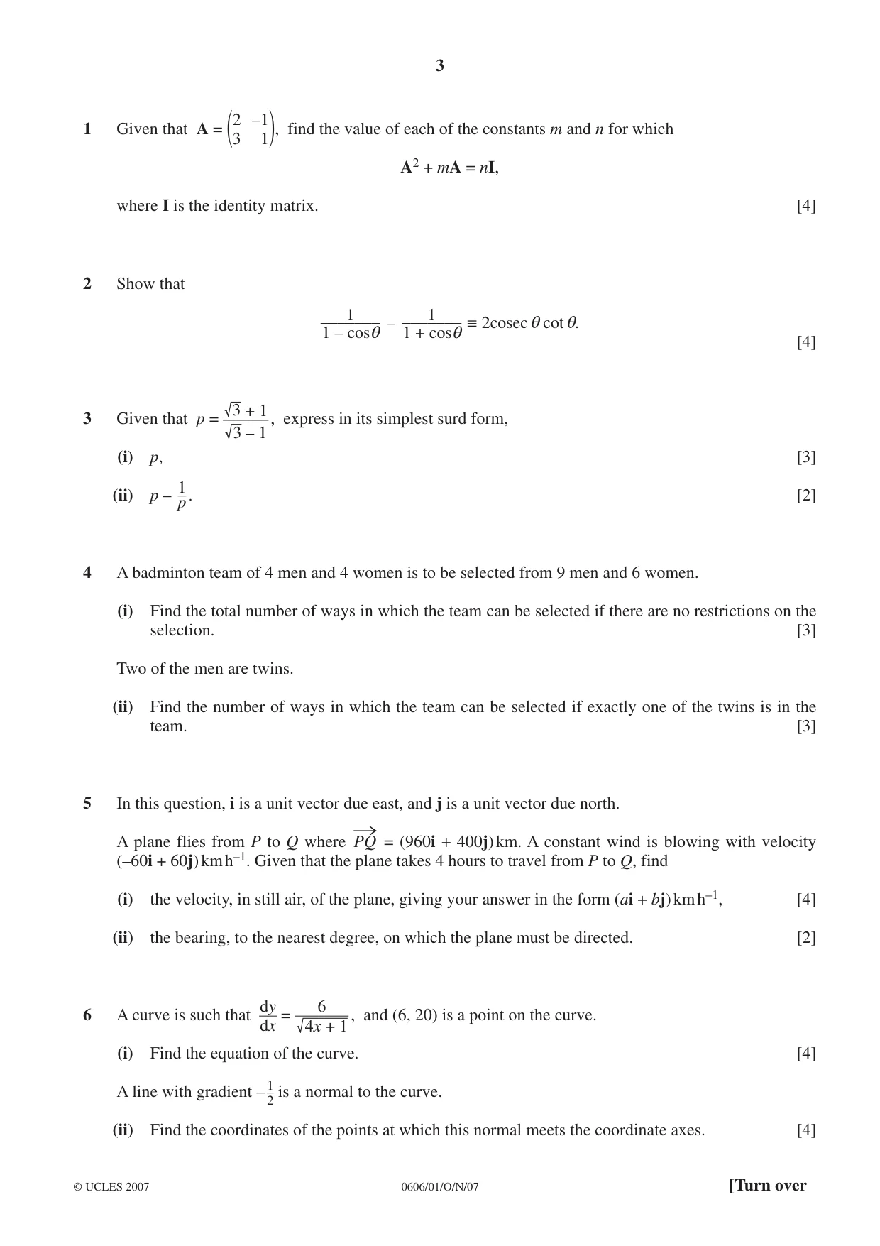 Cambridge IGCSE Mathematics - Additional 0606 2007 Oct/Nov Paper 1 · Variant 1 question paper, page 3 of 8
