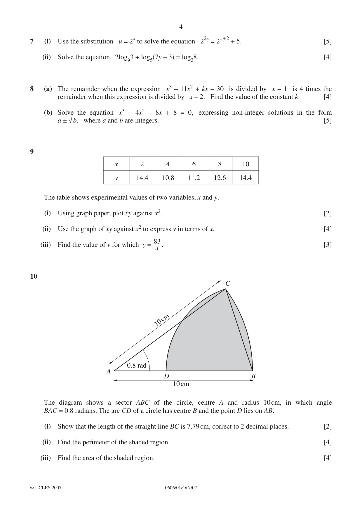 Cambridge IGCSE Mathematics - Additional 0606 2007 Oct/Nov Paper 1 · Variant 1 question paper, page 4 of 8