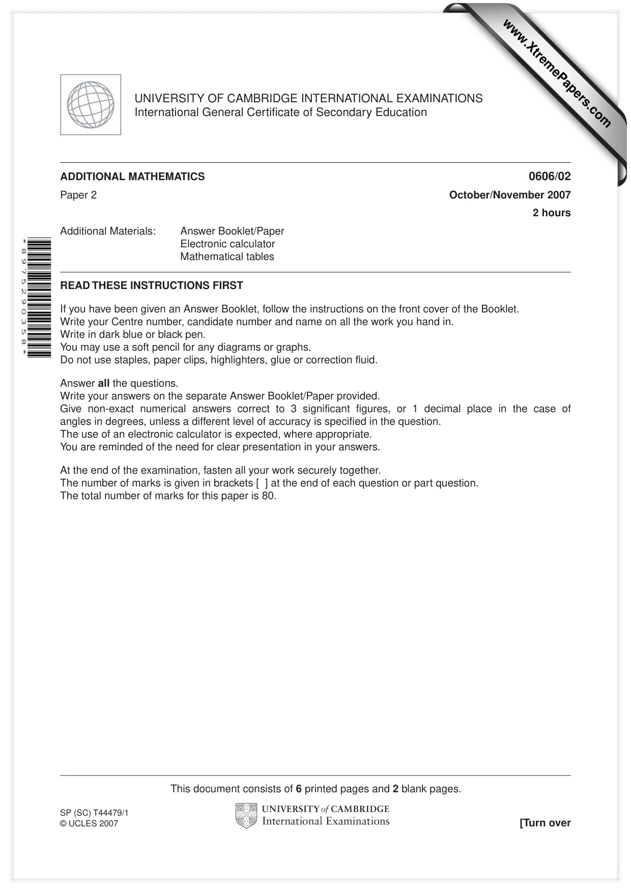 Cambridge IGCSE Mathematics - Additional 0606 2007 Oct/Nov Paper 2 · Variant 1 question paper, page 1 of 8