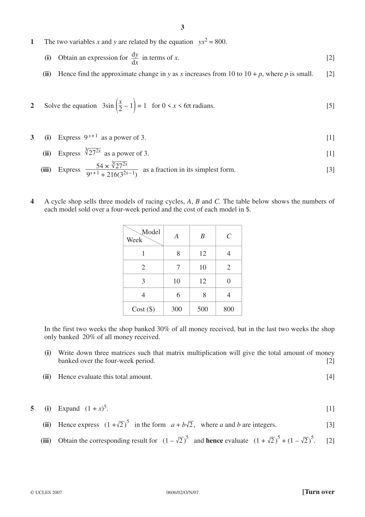 Cambridge IGCSE Mathematics - Additional 0606 2007 Oct/Nov Paper 2 · Variant 1 question paper, page 3 of 8