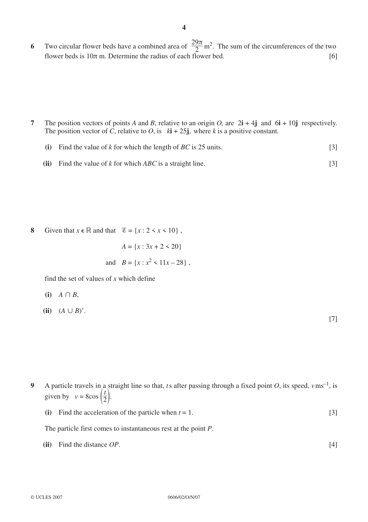 Cambridge IGCSE Mathematics - Additional 0606 2007 Oct/Nov Paper 2 · Variant 1 question paper, page 4 of 8