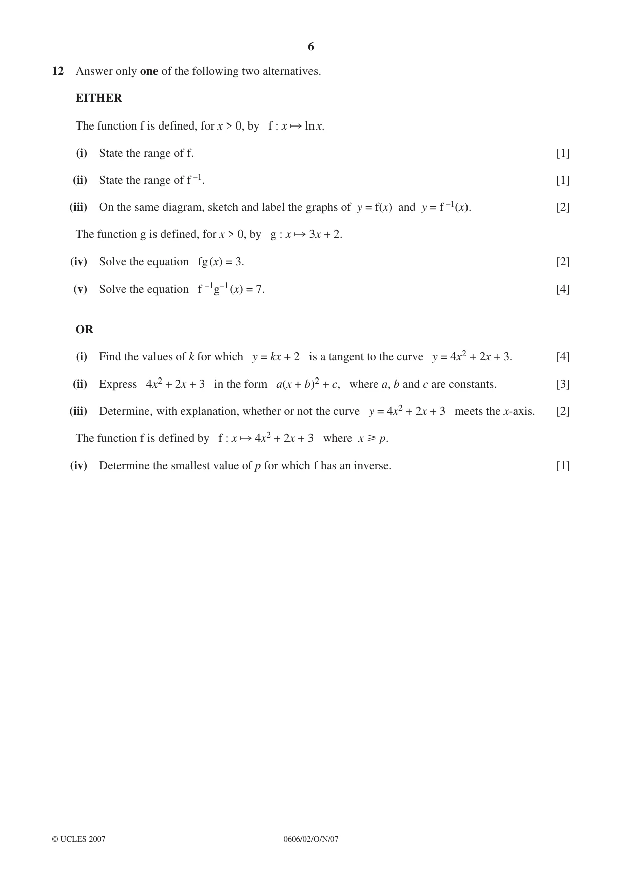 Cambridge IGCSE Mathematics - Additional 0606 2007 Oct/Nov Paper 2 · Variant 1 question paper, page 6 of 8