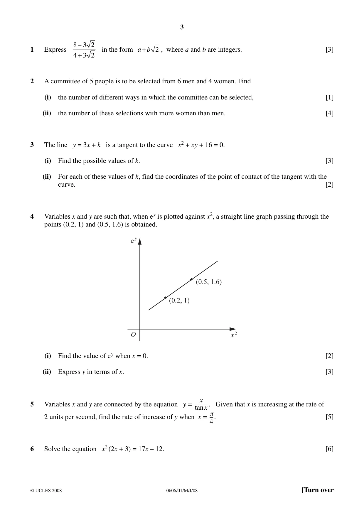 Cambridge IGCSE Mathematics - Additional 0606 2008 May/June Paper 1 · Variant 1 question paper, page 3 of 8