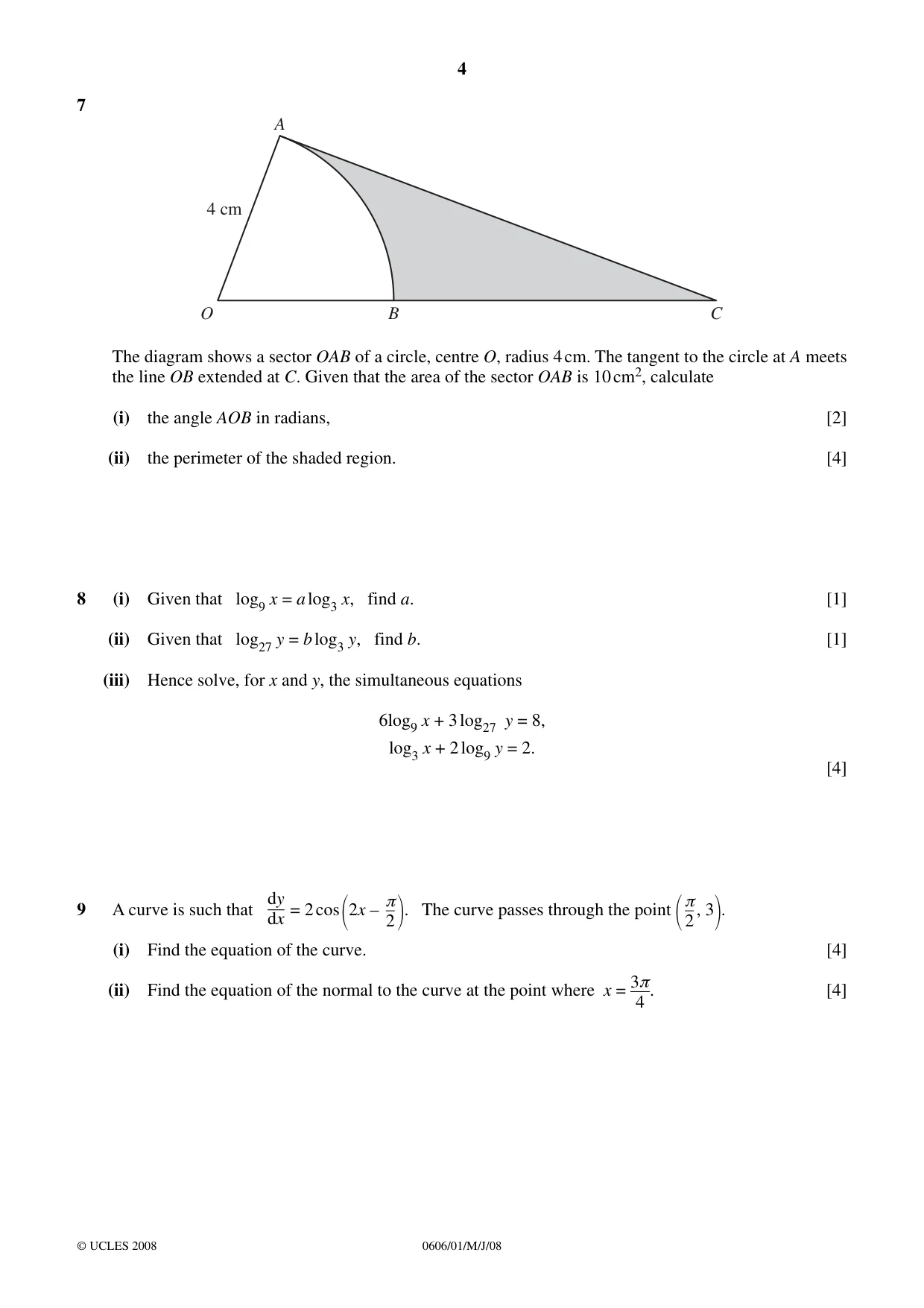 Cambridge IGCSE Mathematics - Additional 0606 2008 May/June Paper 1 · Variant 1 question paper, page 4 of 8