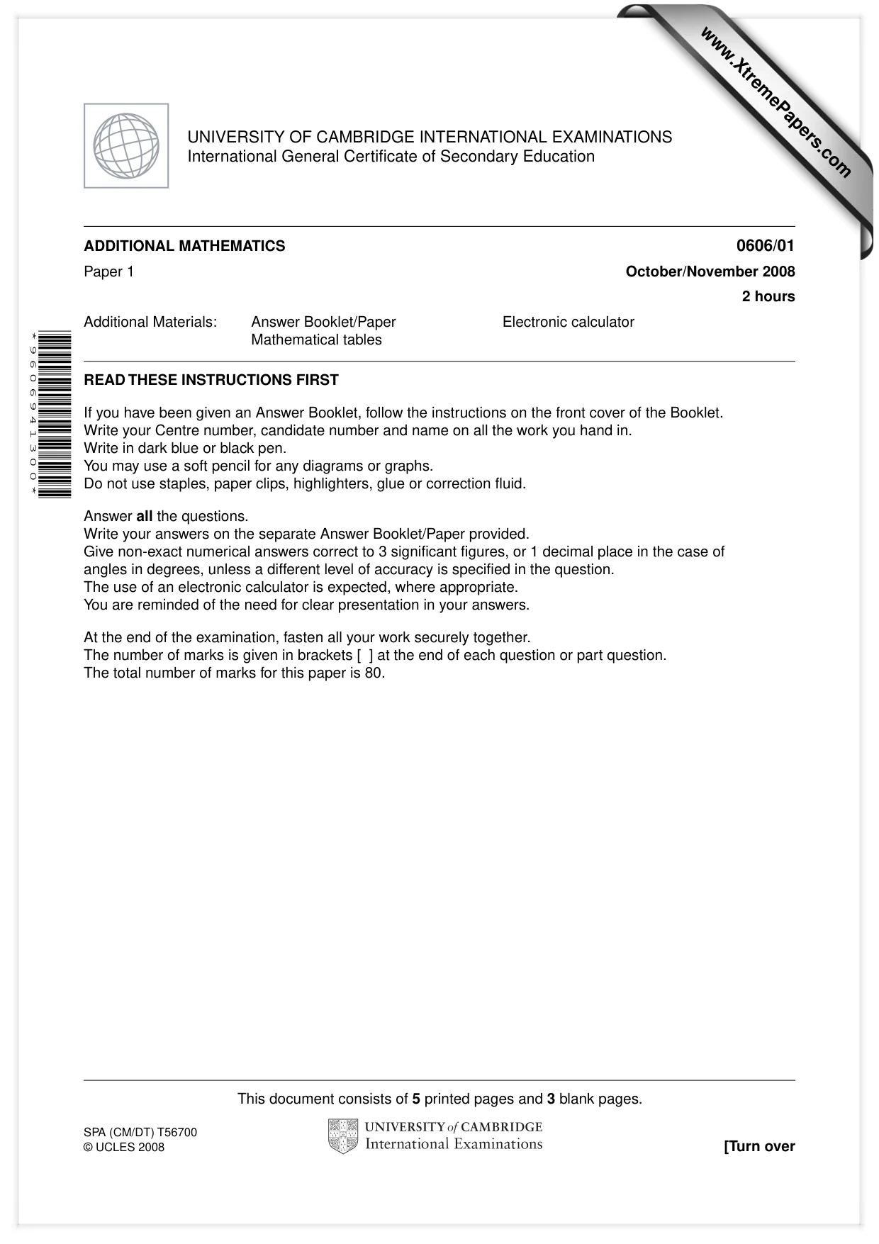 Cambridge IGCSE Mathematics - Additional 0606 2008 Oct/Nov Paper 1 · Variant 1 question paper, page 1 of 8