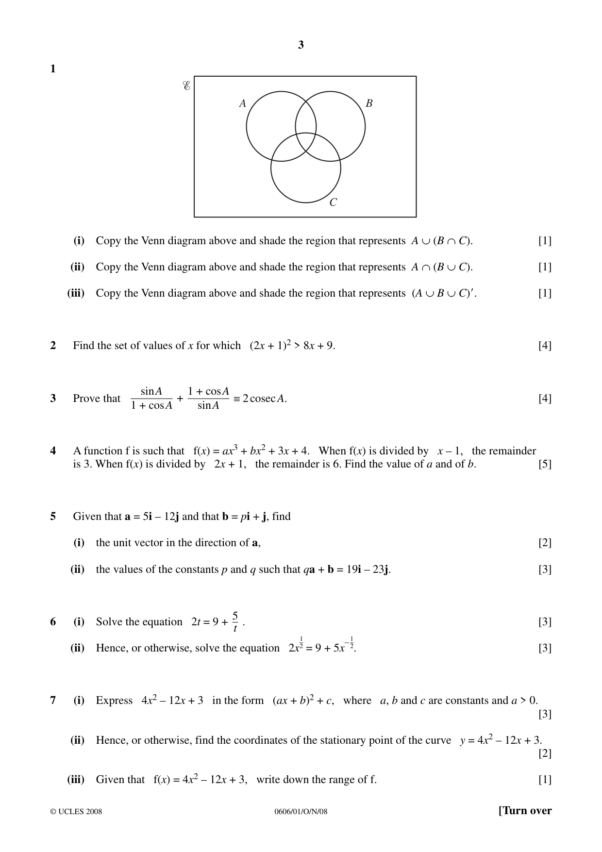 Cambridge IGCSE Mathematics - Additional 0606 2008 Oct/Nov Paper 1 · Variant 1 question paper, page 3 of 8