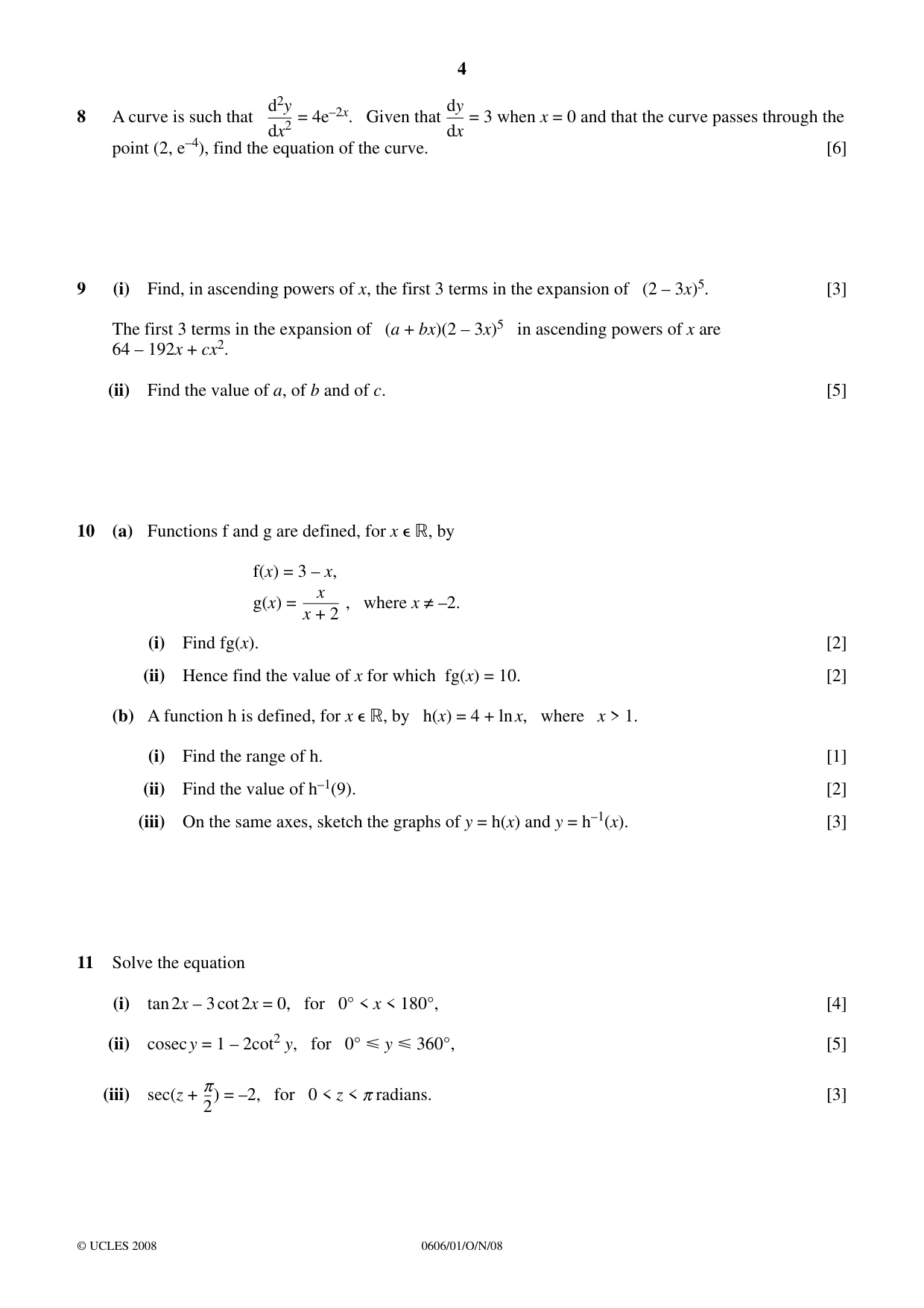 Cambridge IGCSE Mathematics - Additional 0606 2008 Oct/Nov Paper 1 · Variant 1 question paper, page 4 of 8