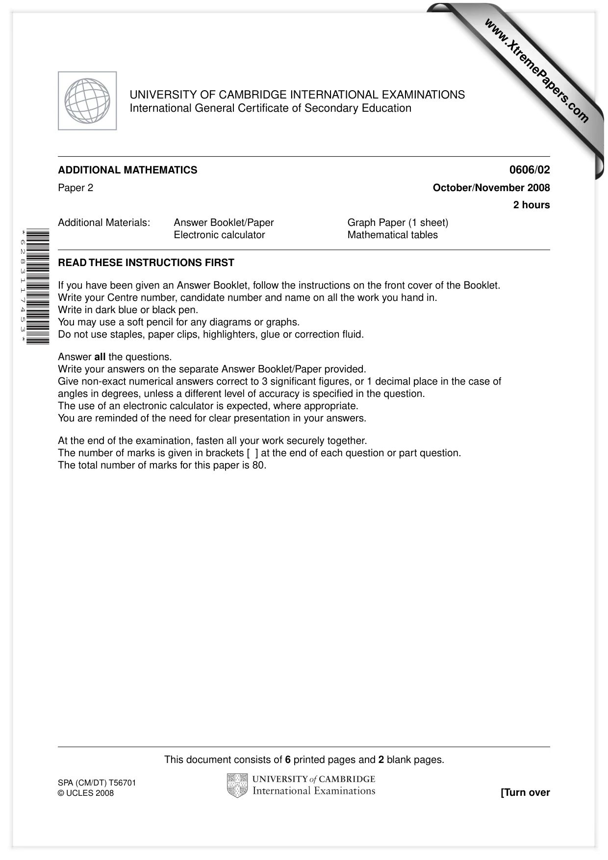 Cambridge IGCSE Mathematics - Additional 0606 2008 Oct/Nov Paper 2 · Variant 1 question paper, page 1 of 8