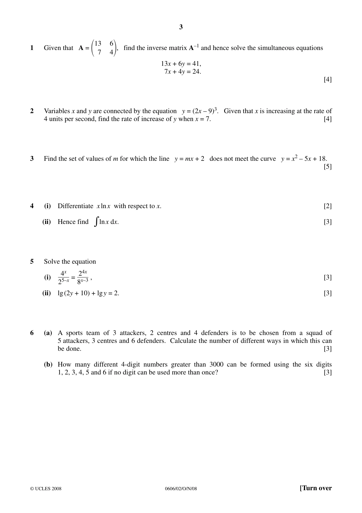 Cambridge IGCSE Mathematics - Additional 0606 2008 Oct/Nov Paper 2 · Variant 1 question paper, page 3 of 8