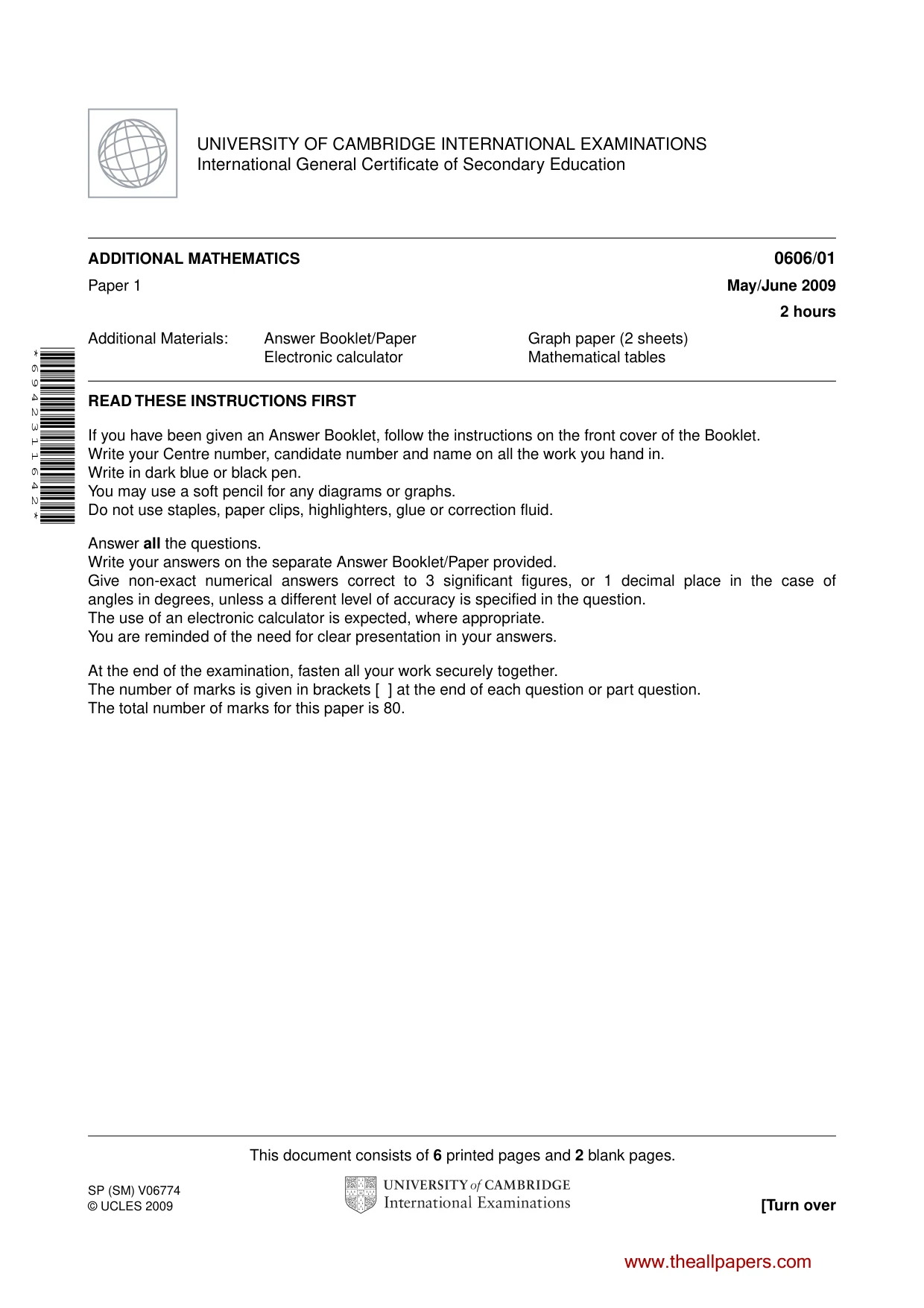 Cambridge IGCSE Mathematics - Additional 0606 2009 May/June Paper 1 · Variant 1 question paper, page 1 of 8