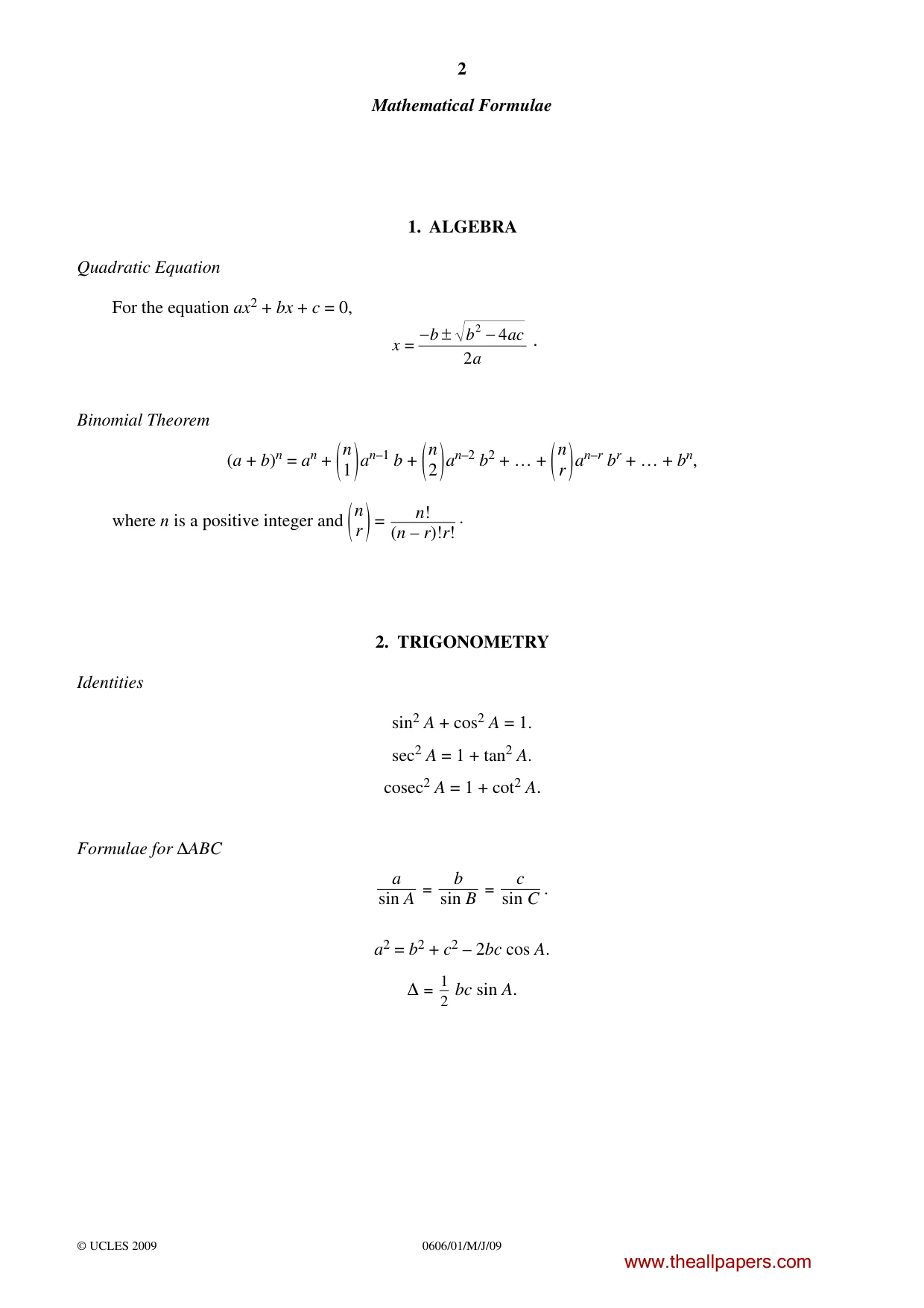 Cambridge IGCSE Mathematics - Additional 0606 2009 May/June Paper 1 · Variant 1 question paper, page 2 of 8