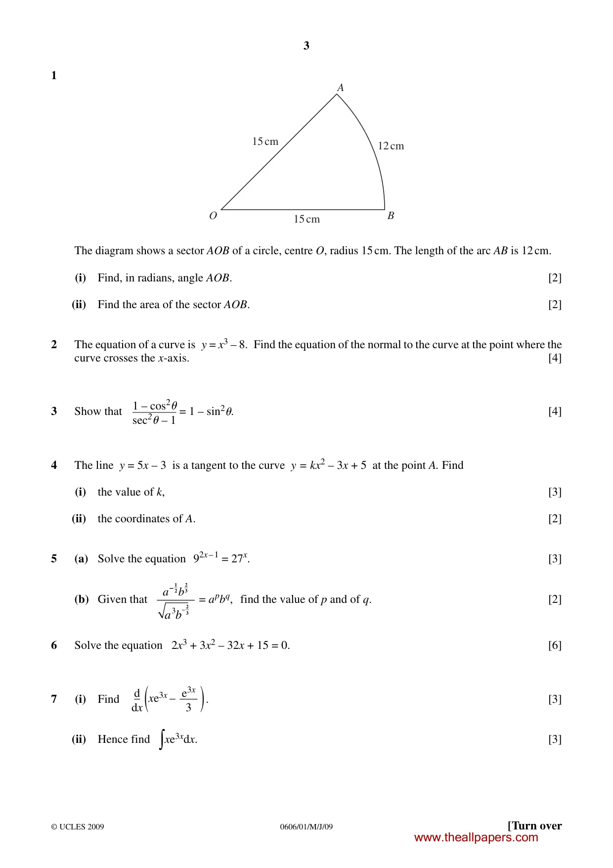 Cambridge IGCSE Mathematics - Additional 0606 2009 May/June Paper 1 · Variant 1 question paper, page 3 of 8