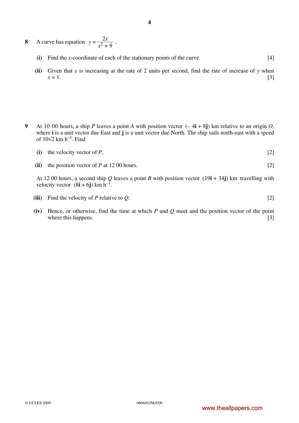 Cambridge IGCSE Mathematics - Additional 0606 2009 May/June Paper 1 · Variant 1 question paper, page 4 of 8