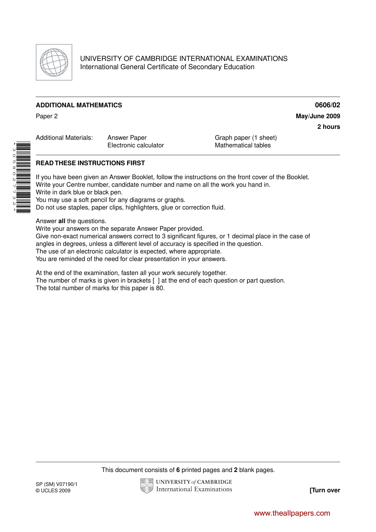 Cambridge IGCSE Mathematics - Additional 0606 2009 May/June Paper 2 · Variant 1 question paper, page 1 of 8