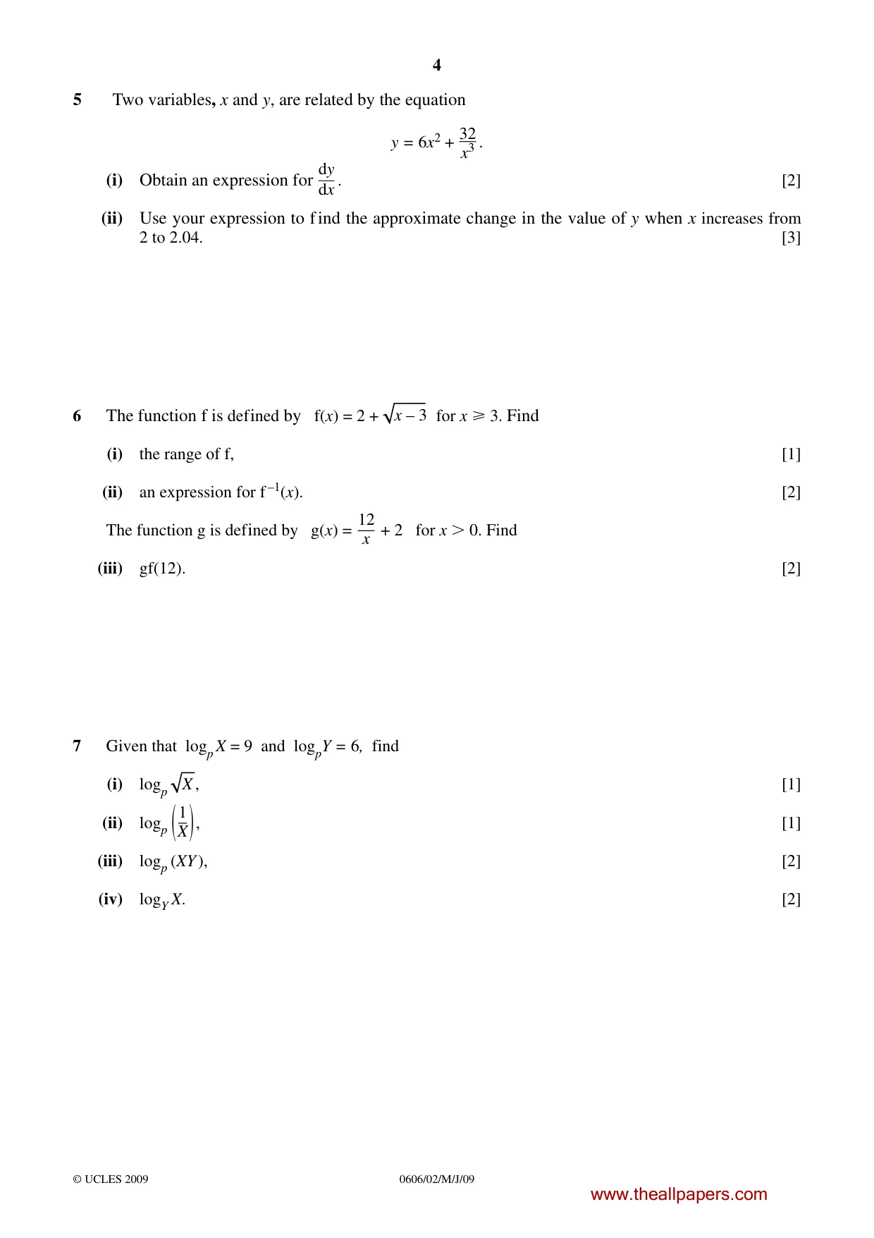 Cambridge IGCSE Mathematics - Additional 0606 2009 May/June Paper 2 · Variant 1 question paper, page 4 of 8