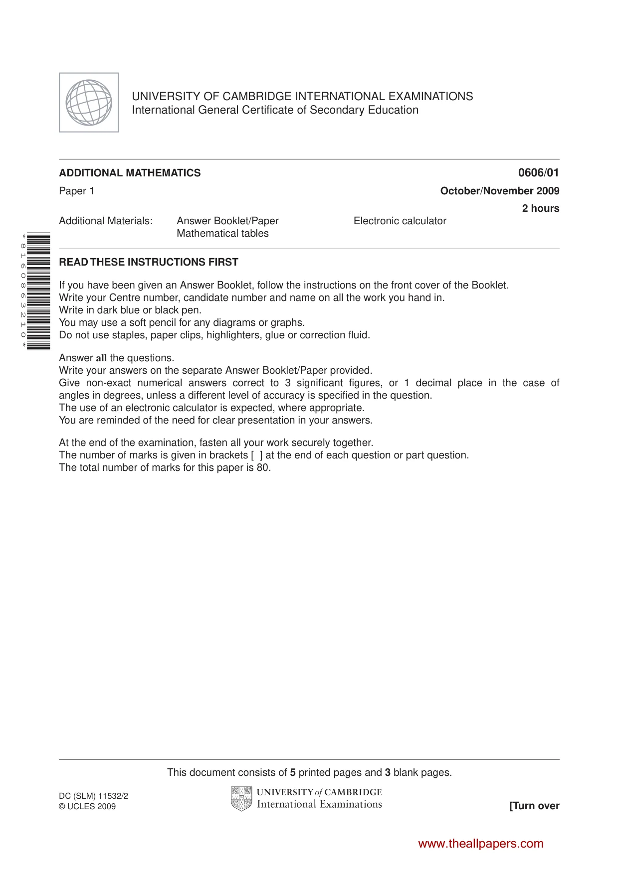 Cambridge IGCSE Mathematics - Additional 0606 2009 Oct/Nov Paper 1 · Variant 1 question paper, page 1 of 8