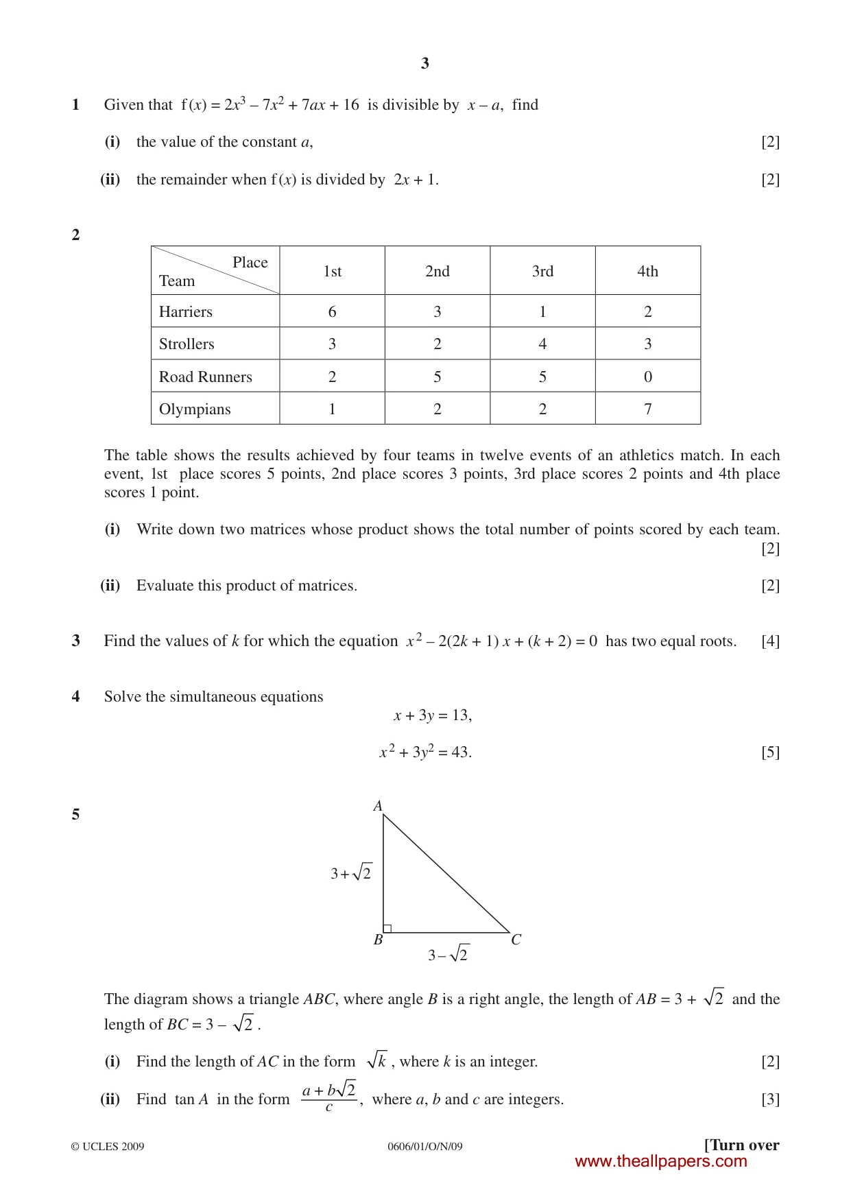 Cambridge IGCSE Mathematics - Additional 0606 2009 Oct/Nov Paper 1 · Variant 1 question paper, page 3 of 8