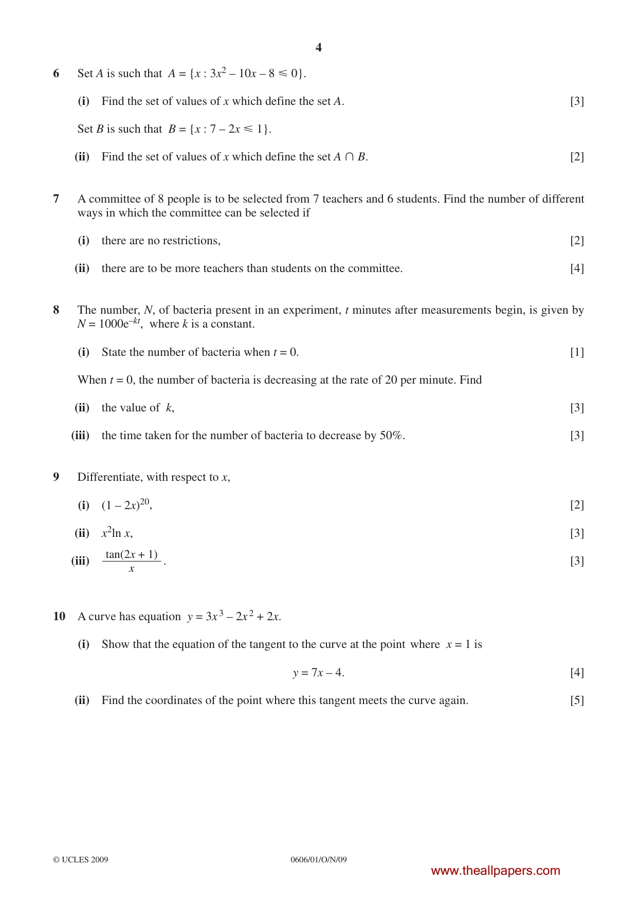 Cambridge IGCSE Mathematics - Additional 0606 2009 Oct/Nov Paper 1 · Variant 1 question paper, page 4 of 8