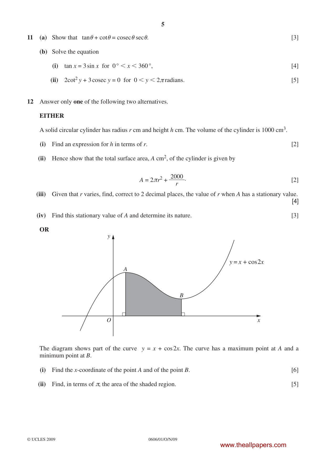 Cambridge IGCSE Mathematics - Additional 0606 2009 Oct/Nov Paper 1 · Variant 1 question paper, page 5 of 8
