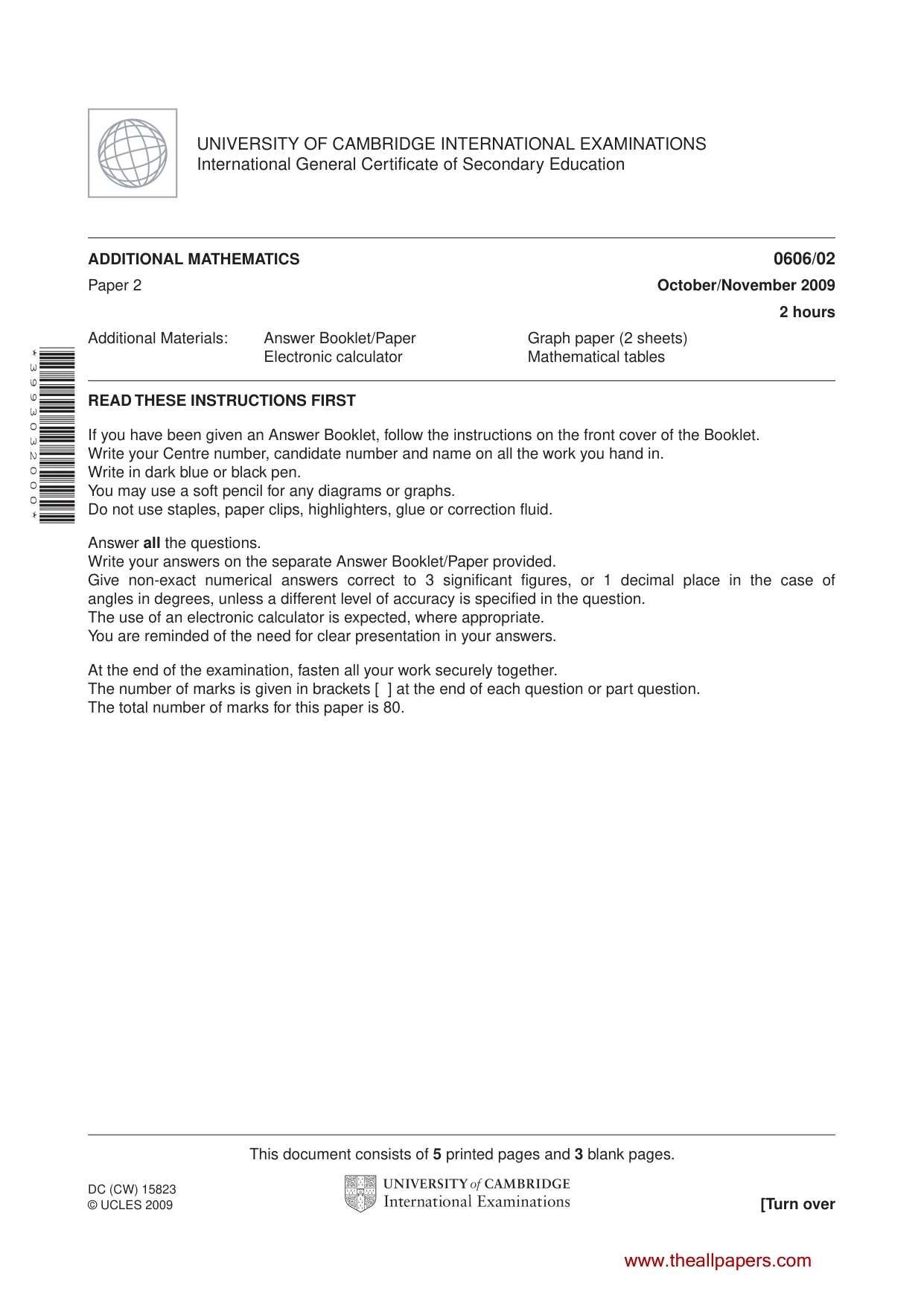 Cambridge IGCSE Mathematics - Additional 0606 2009 Oct/Nov Paper 2 · Variant 1 question paper, page 1 of 8