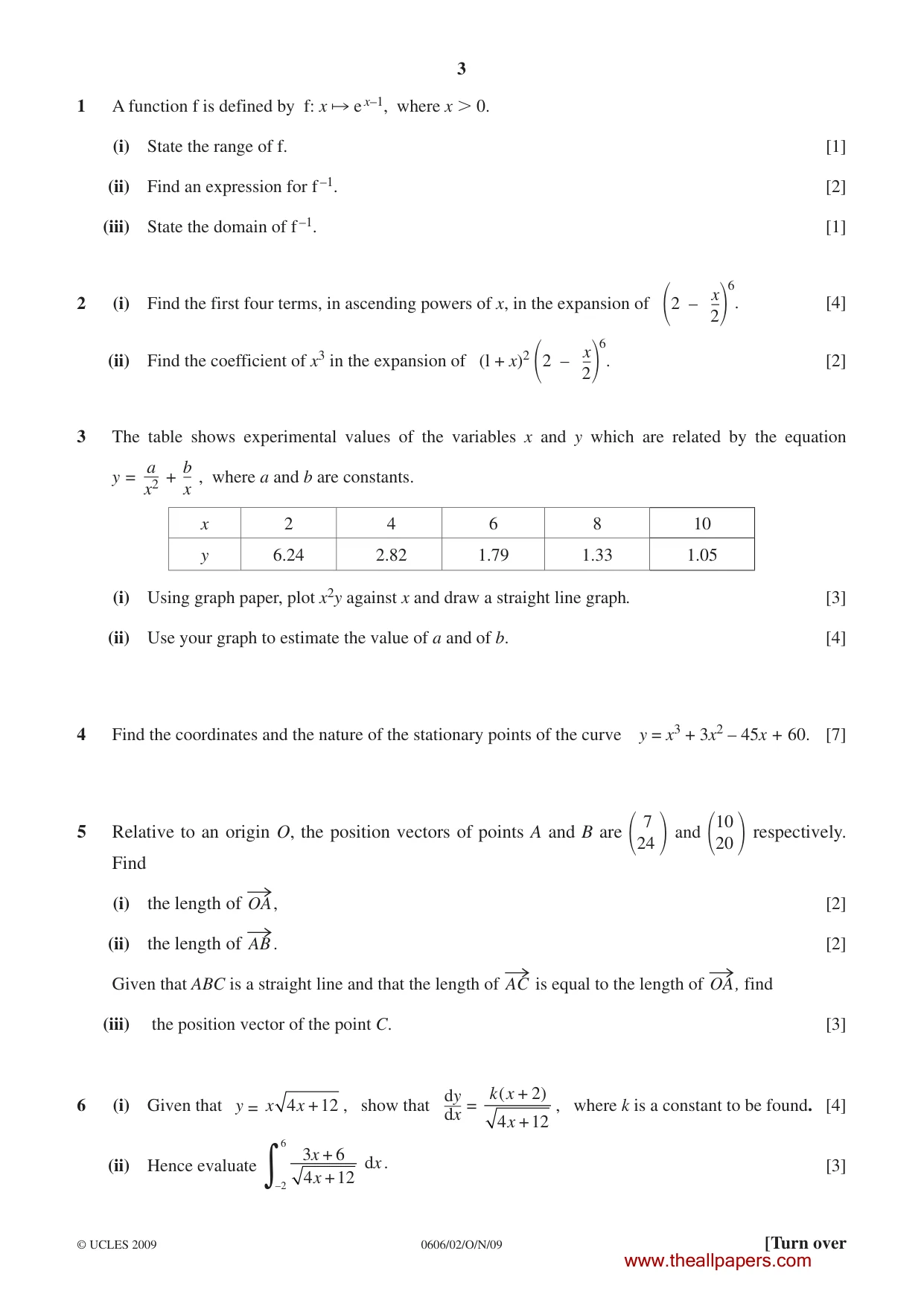Cambridge IGCSE Mathematics - Additional 0606 2009 Oct/Nov Paper 2 · Variant 1 question paper, page 3 of 8