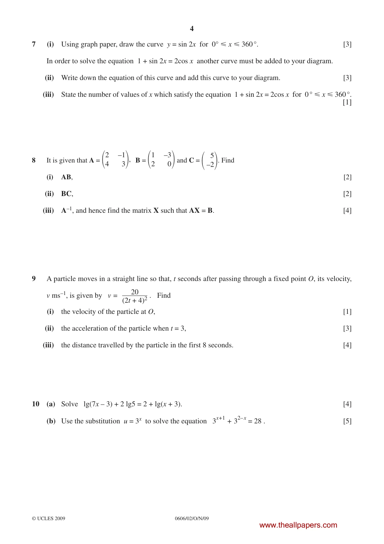 Cambridge IGCSE Mathematics - Additional 0606 2009 Oct/Nov Paper 2 · Variant 1 question paper, page 4 of 8