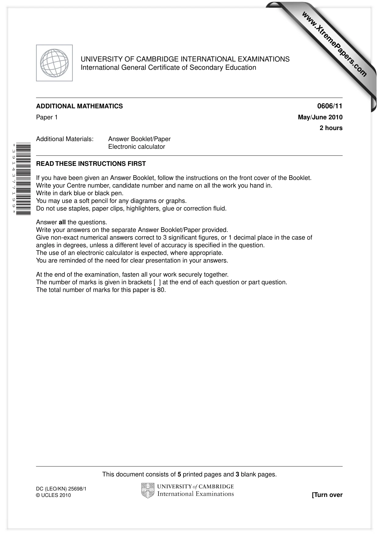 Cambridge IGCSE Mathematics - Additional 0606 2010 May/June Paper 1 · Variant 1 question paper, page 1 of 8
