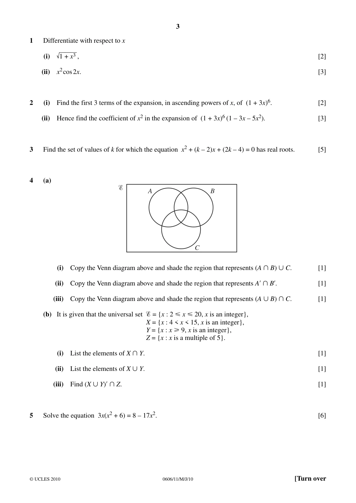 Cambridge IGCSE Mathematics - Additional 0606 2010 May/June Paper 1 · Variant 1 question paper, page 3 of 8