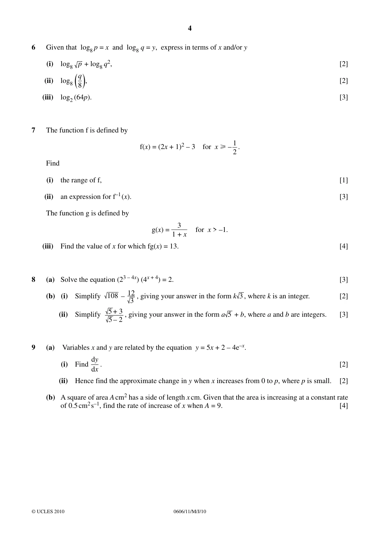 Cambridge IGCSE Mathematics - Additional 0606 2010 May/June Paper 1 · Variant 1 question paper, page 4 of 8