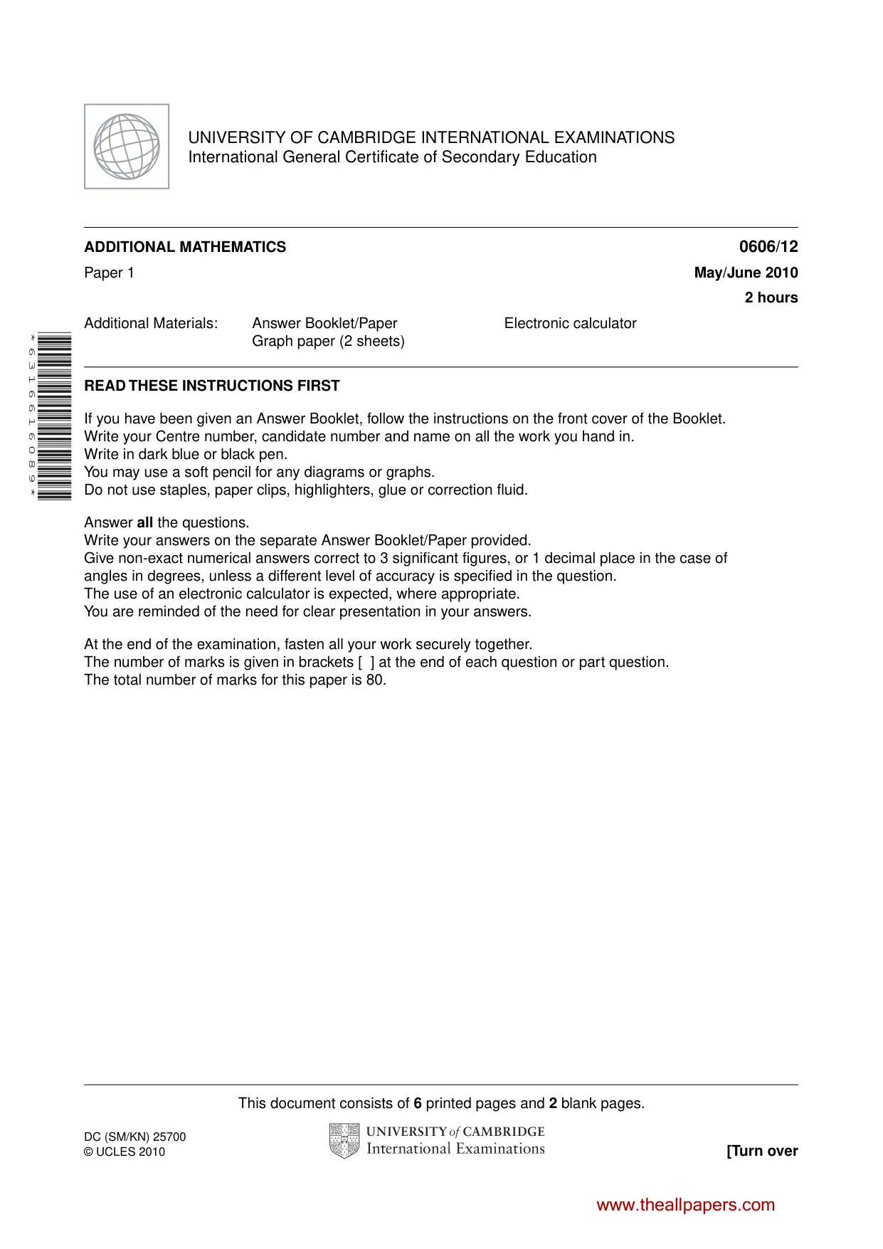 Cambridge IGCSE Mathematics - Additional 0606 2010 May/June Paper 1 · Variant 2 question paper, page 1 of 8