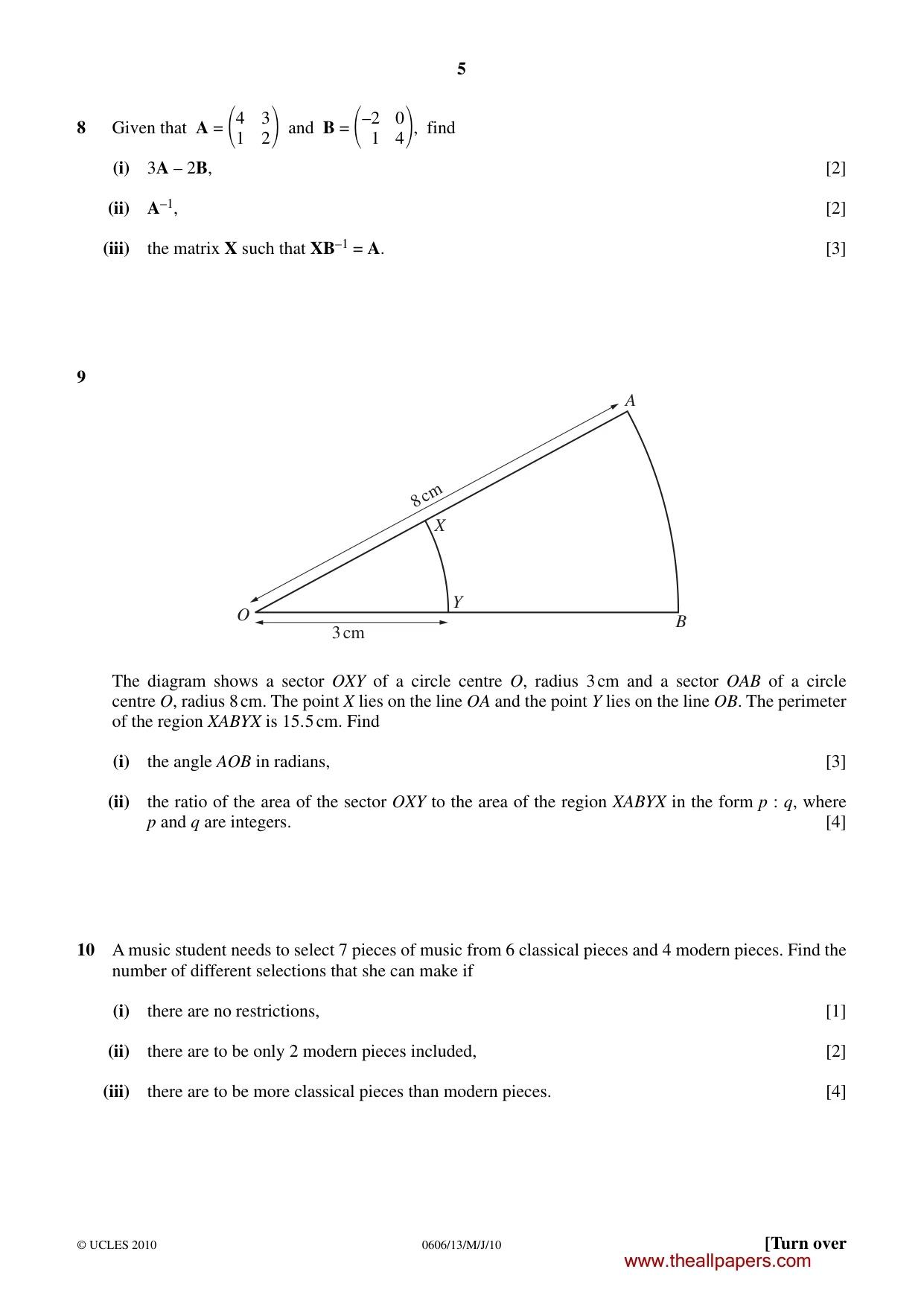 Cambridge IGCSE Mathematics - Additional 0606 2010 May/June Paper 1 · Variant 3 question paper, page 5 of 8