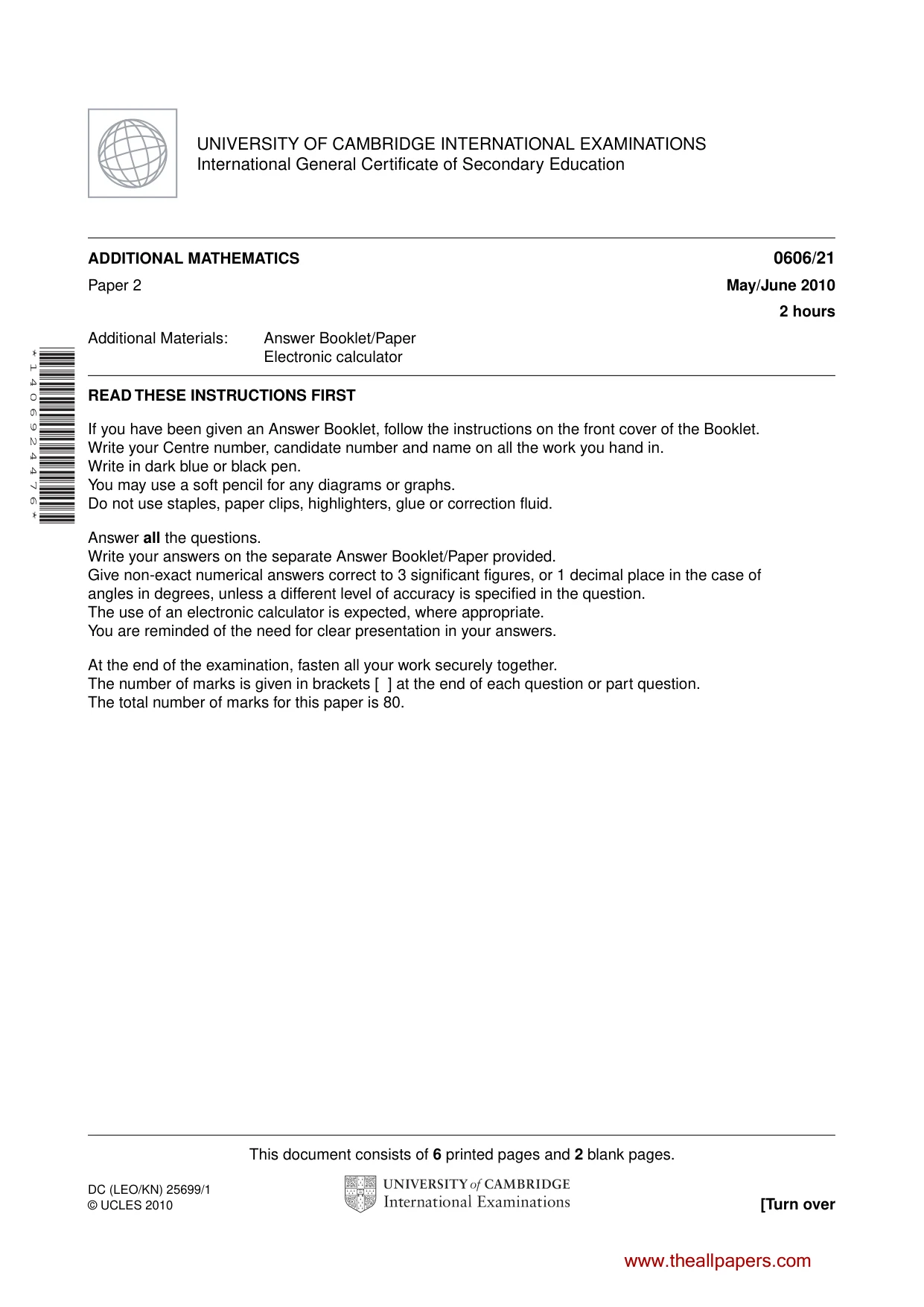 Cambridge IGCSE Mathematics - Additional 0606 2010 May/June Paper 2 · Variant 1 question paper, page 1 of 8