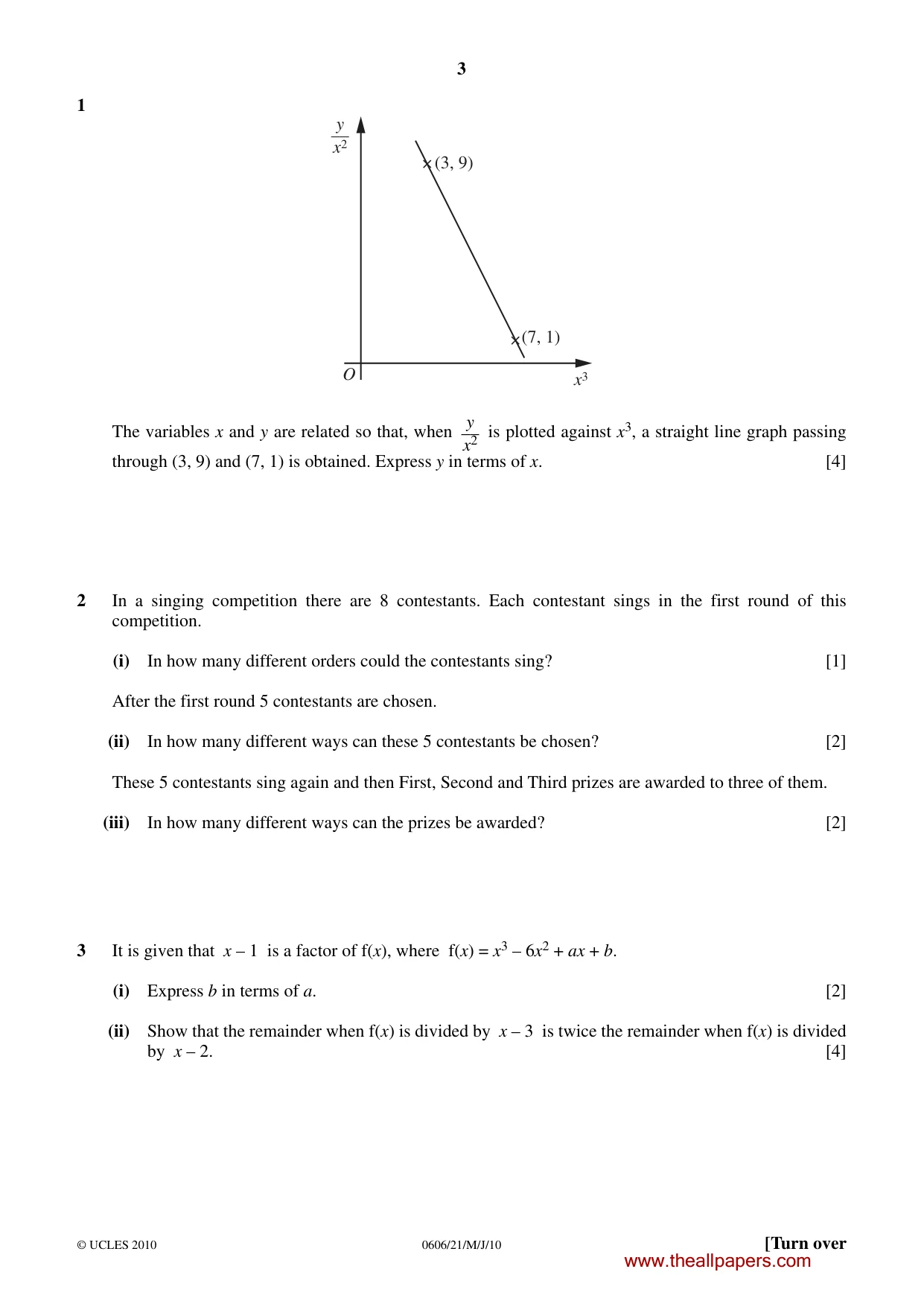 Cambridge IGCSE Mathematics - Additional 0606 2010 May/June Paper 2 · Variant 1 question paper, page 3 of 8