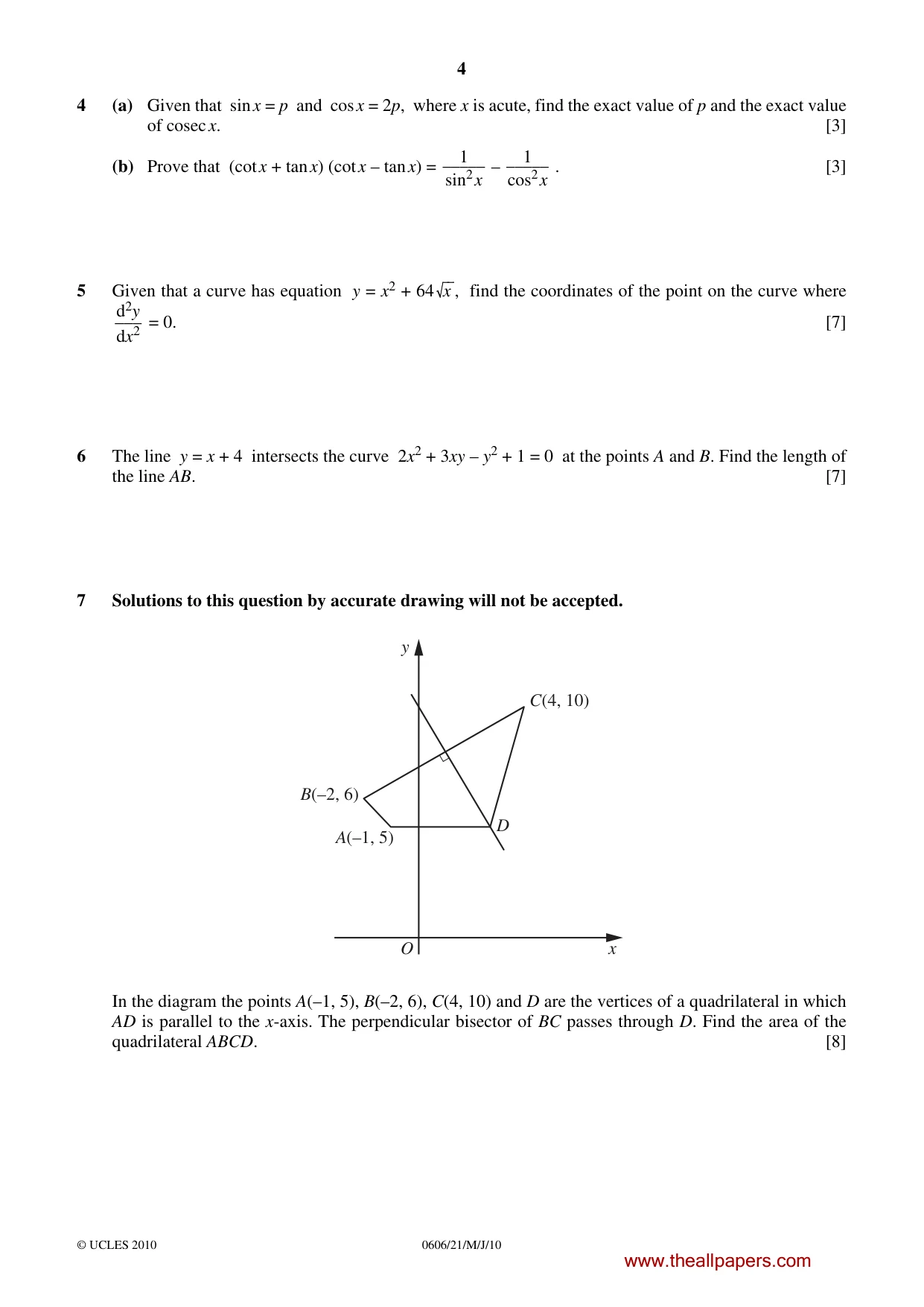 Cambridge IGCSE Mathematics - Additional 0606 2010 May/June Paper 2 · Variant 1 question paper, page 4 of 8