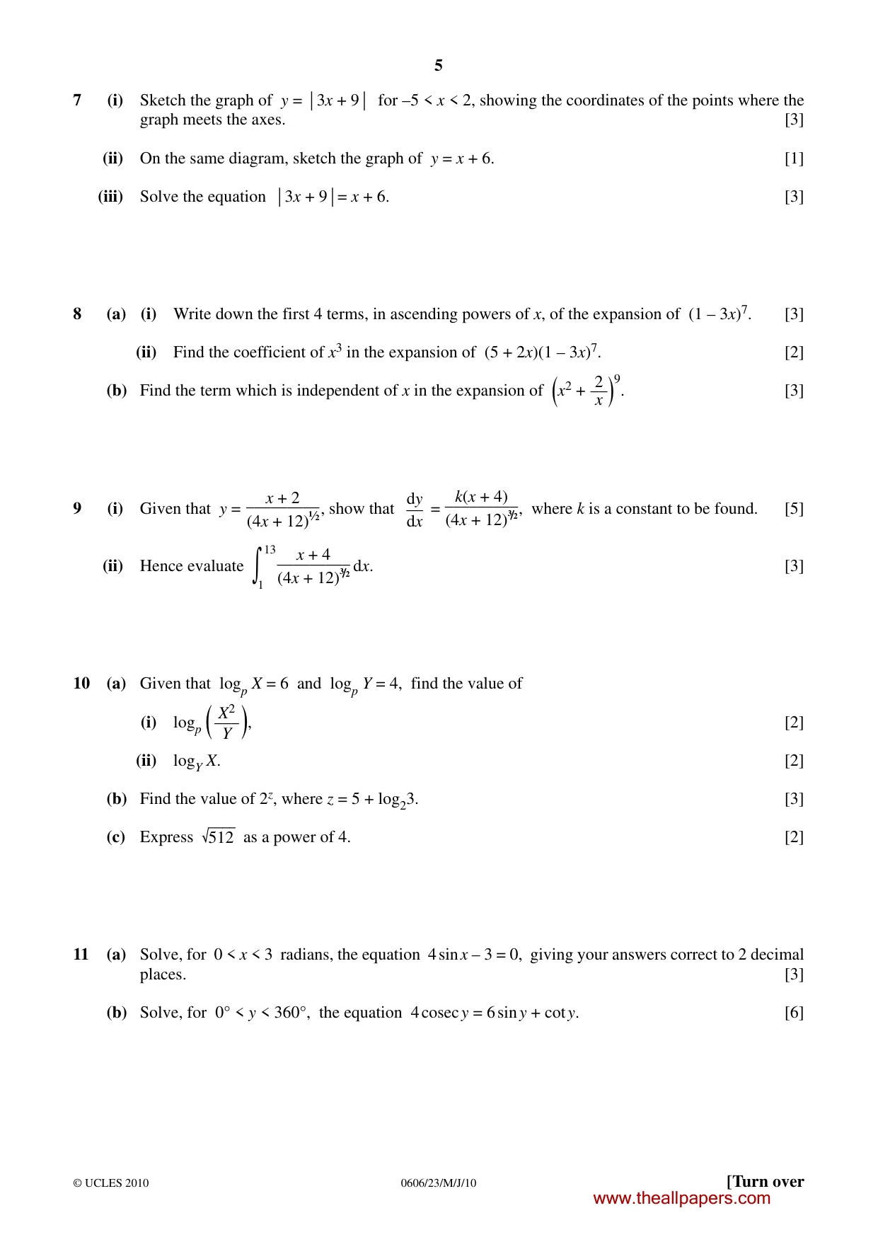 Cambridge IGCSE Mathematics - Additional 0606 2010 May/June Paper 2 · Variant 3 question paper, page 5 of 8