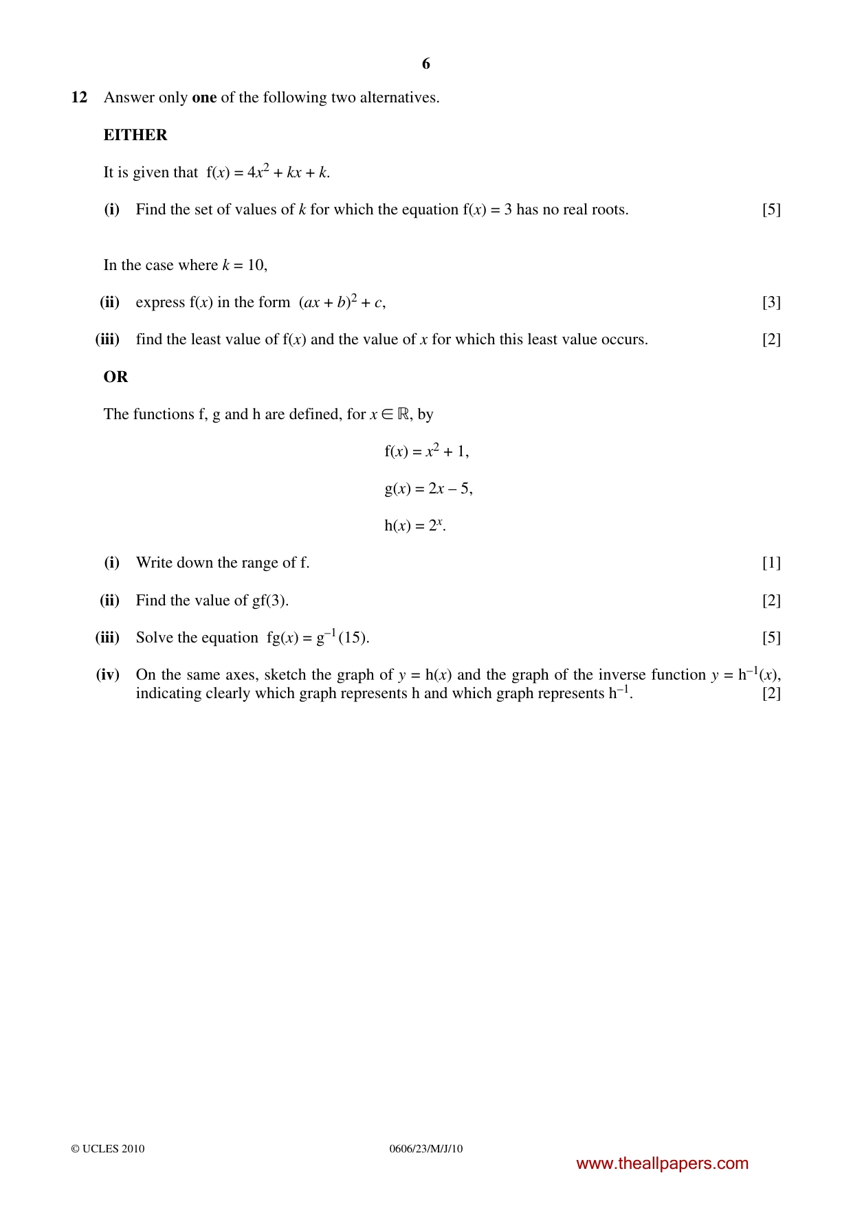 Cambridge IGCSE Mathematics - Additional 0606 2010 May/June Paper 2 · Variant 3 question paper, page 6 of 8