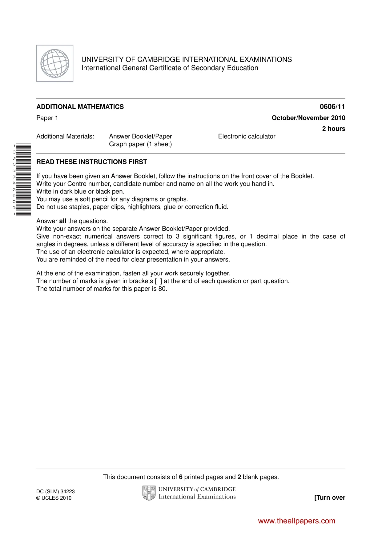Cambridge IGCSE Mathematics - Additional 0606 2010 Oct/Nov Paper 1 · Variant 1 question paper, page 1 of 8