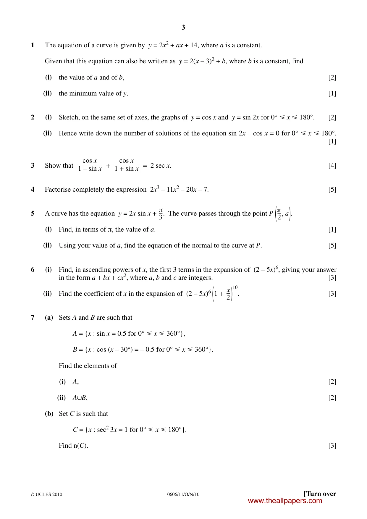 Cambridge IGCSE Mathematics - Additional 0606 2010 Oct/Nov Paper 1 · Variant 1 question paper, page 3 of 8