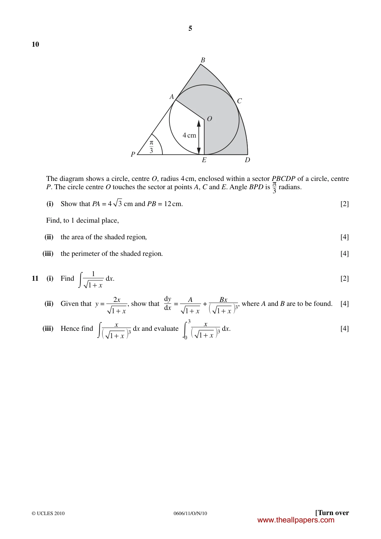 Cambridge IGCSE Mathematics - Additional 0606 2010 Oct/Nov Paper 1 · Variant 1 question paper, page 5 of 8