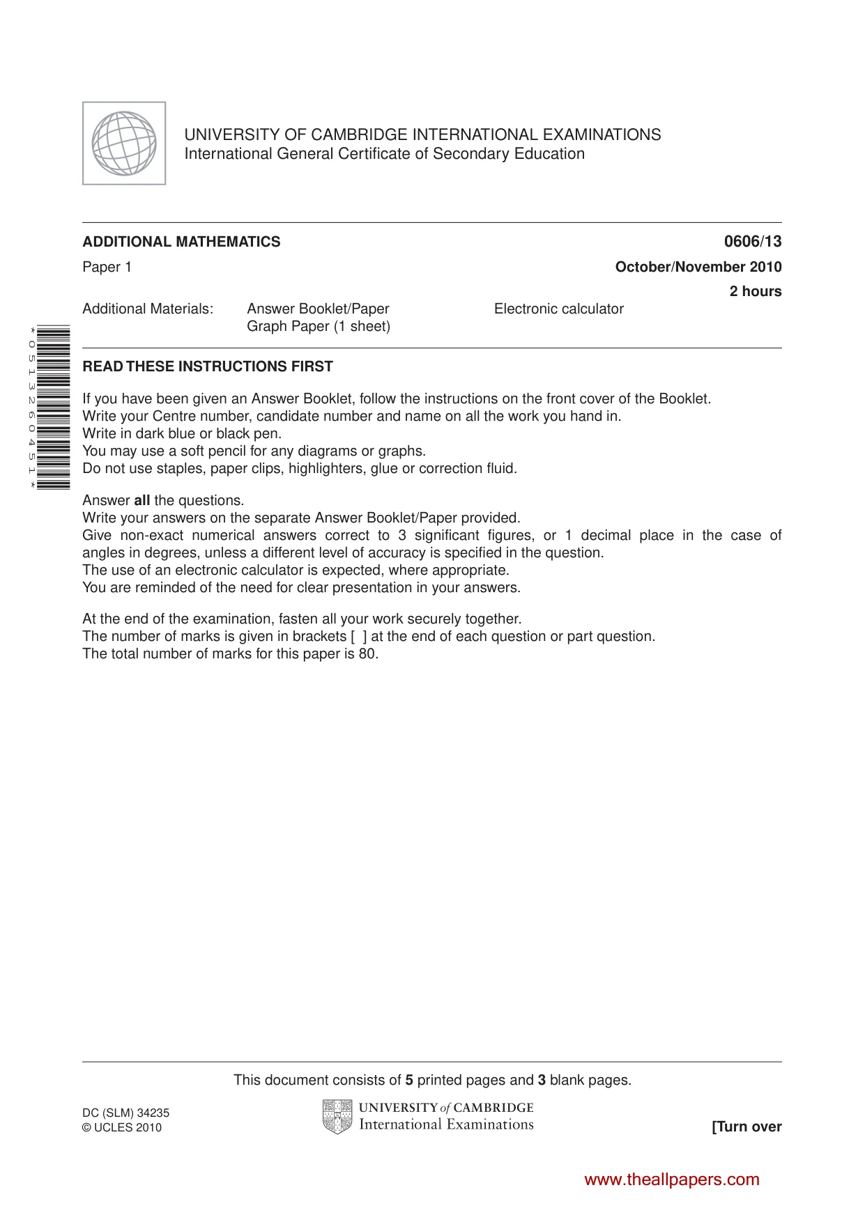 Cambridge IGCSE Mathematics - Additional 0606 2010 Oct/Nov Paper 1 · Variant 3 question paper, page 1 of 8